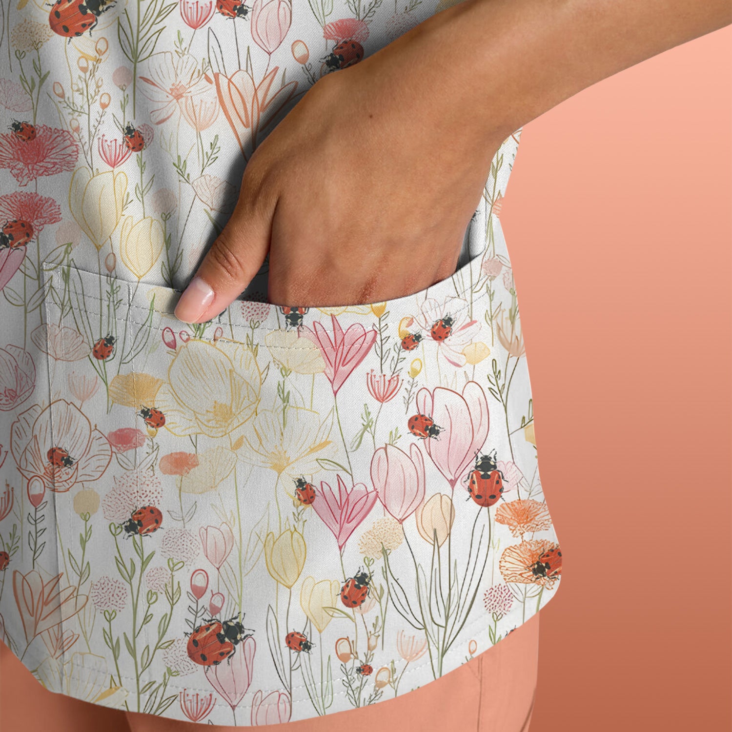 Cute Nurse Wildflower Ladybug Garden Pattern Scrub Top, Comfortable Scrubs for Nurses