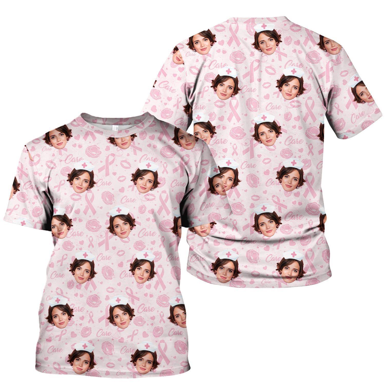 Custom Face Nurse Shirt Pink Ribbon Awareness - Personalized Breast Cancer Support T-Shirt - Gift for Women RN LPN CNA Healthcare Workers