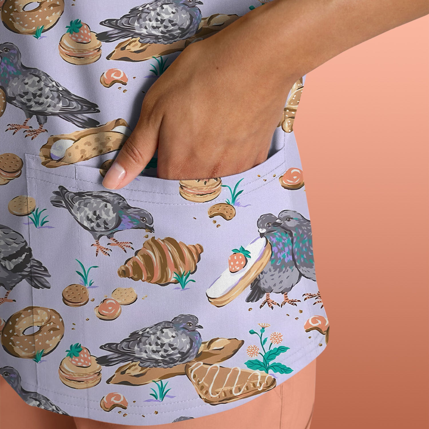 Funny Pigeon Bread Snack Nurse Pattern Scrub Top, Comfortable Scrubs for Nurses