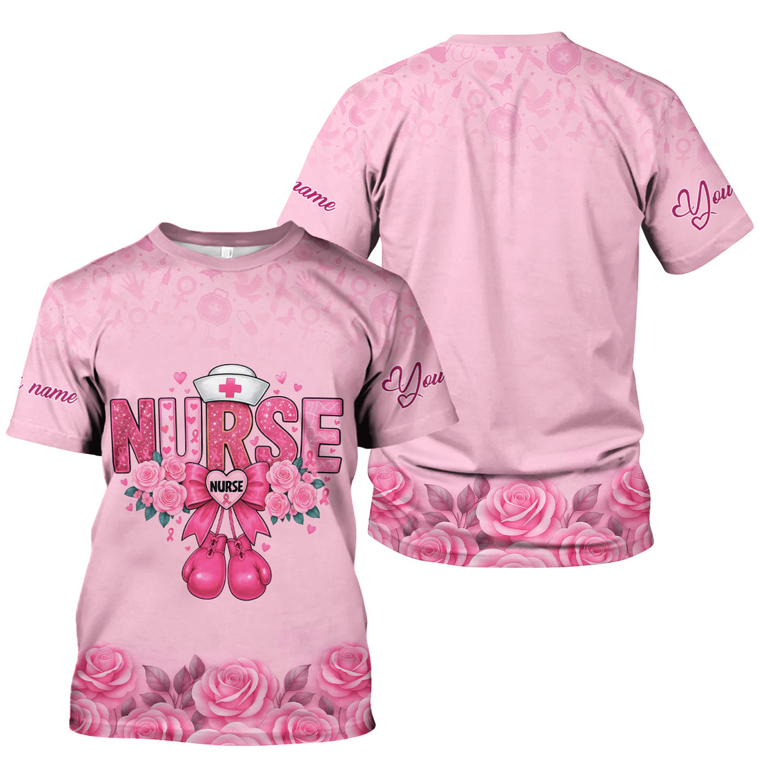Personalized Breast Cancer Fighter Shirt - Pink Boxing Gloves & Rose Floral Design - Gift for RN LPN CNA
