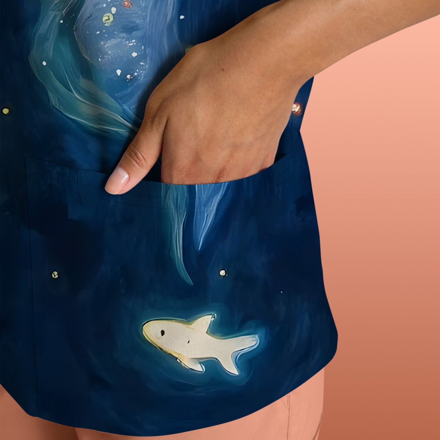 Marine Life Shark Pattern Scrub Top, Comfortable Scrubs for Nurses