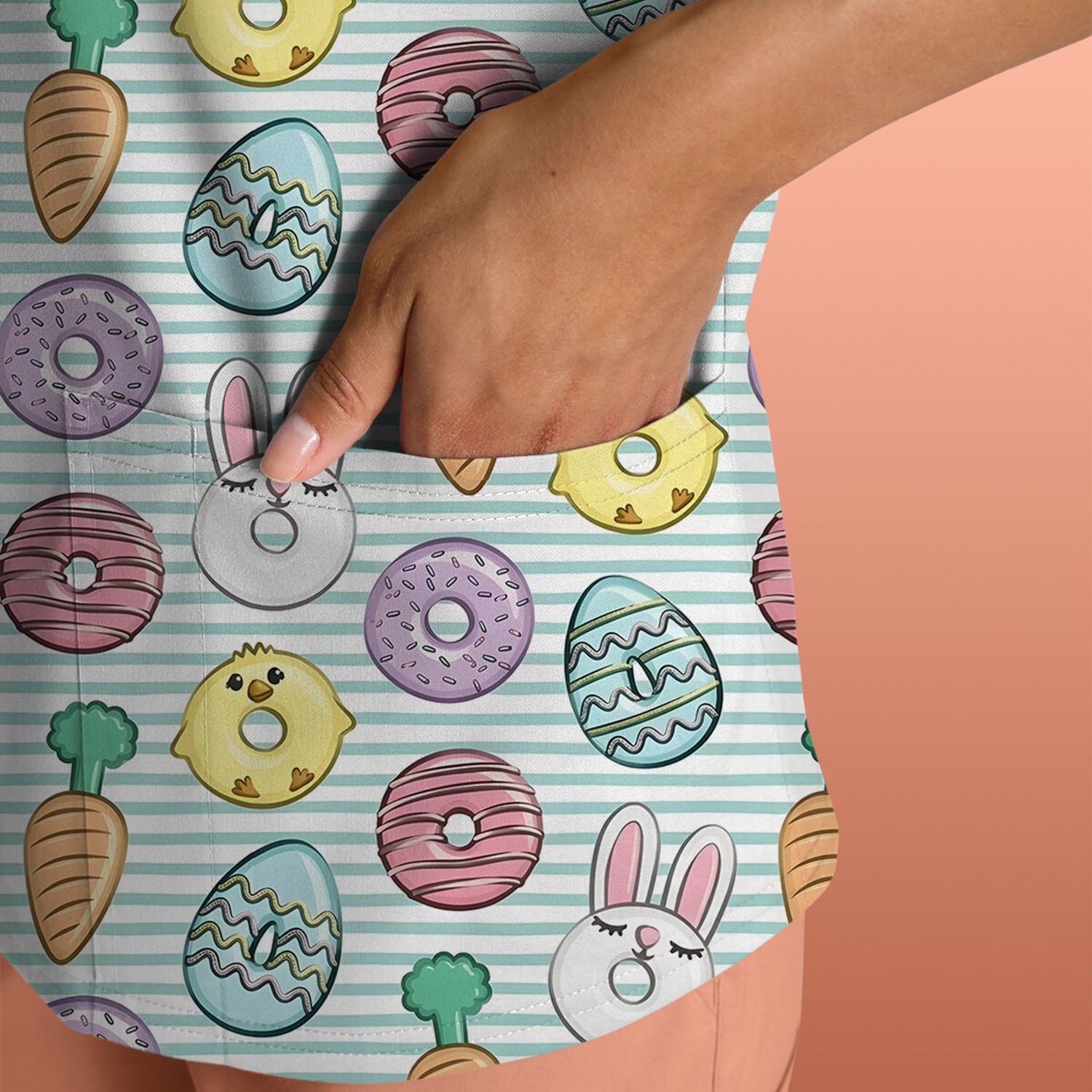 Funny Easter Chick Bunny Pattern Scrub Top, Breathable Fabrics Nursing Uniform