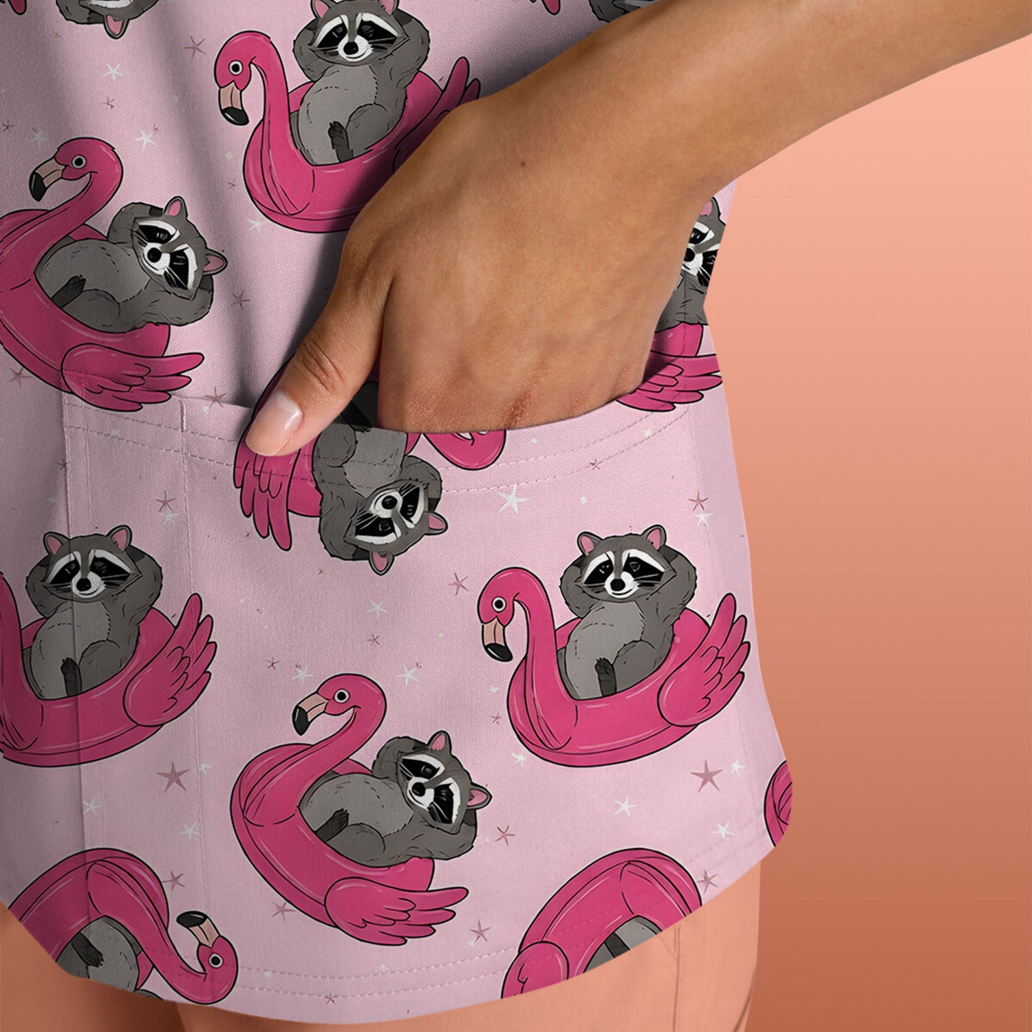 Cute Raccoon Flamingo Float Pattern Scrub Top, Comfortable Scrubs for Nurses