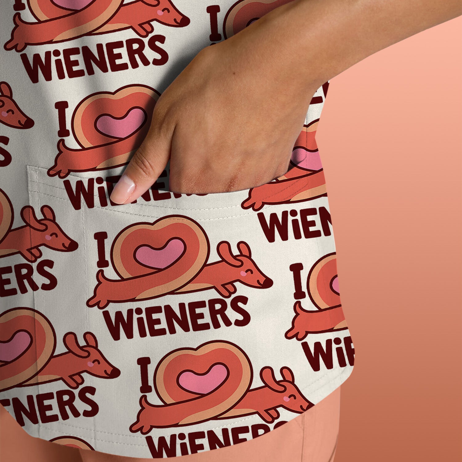 I Love Wieners Dachshund Heart Pattern Scrub Top, Comfortable Scrubs For Nurses