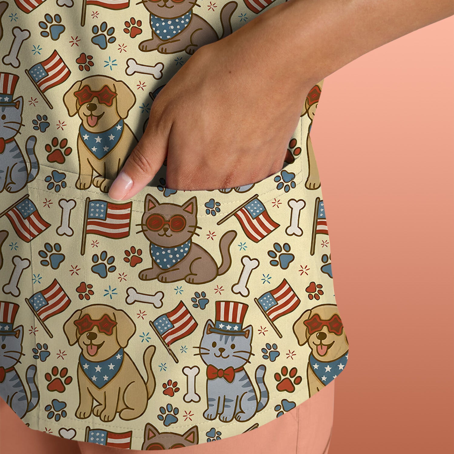American Flag Patriotic Cat & Dog Pattern Scrub Top, Comfortable Scrubs for Nurses