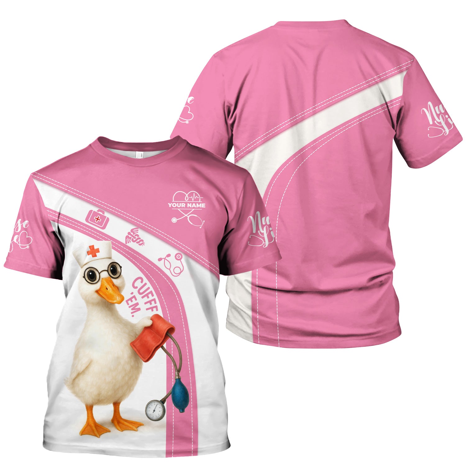 Personalized Nursing Humor Scrub for Women - Funny Duck with Stethoscope and Cuff Design - Custom Name Medical Gift for RN LPN CNA