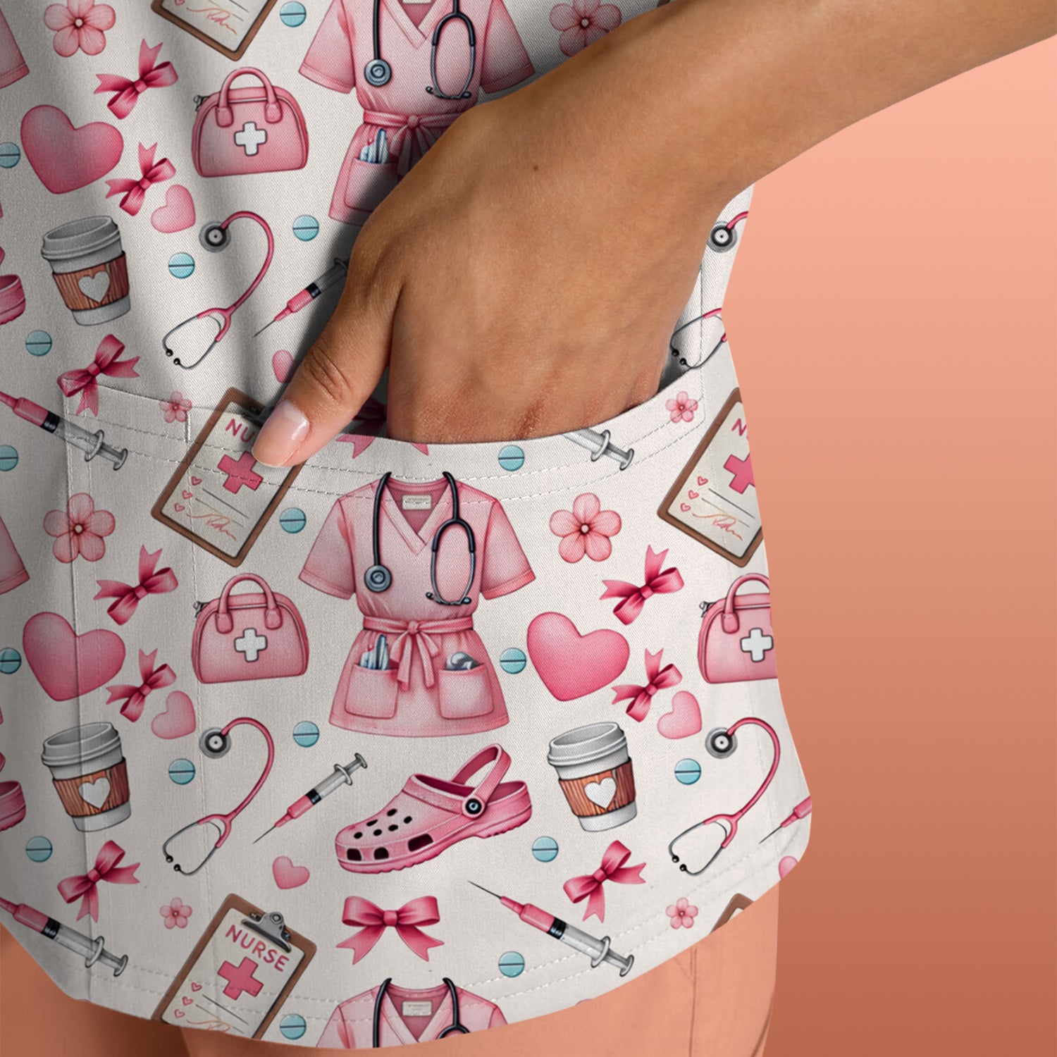 Valentine Pink Nurse Icons Print Scrub Top, Comfortable Scrubs for Nurses