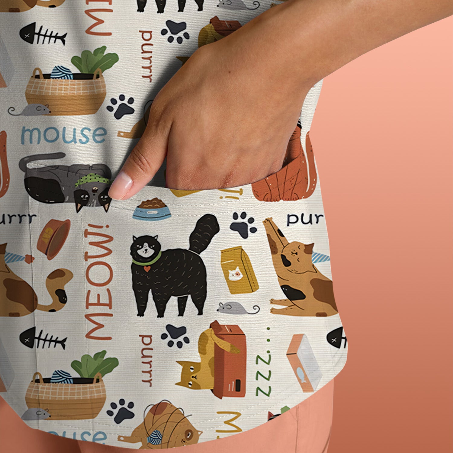 Meow Purr Cat Life Print Scrub Top, Comfortable Scrubs for Nurses