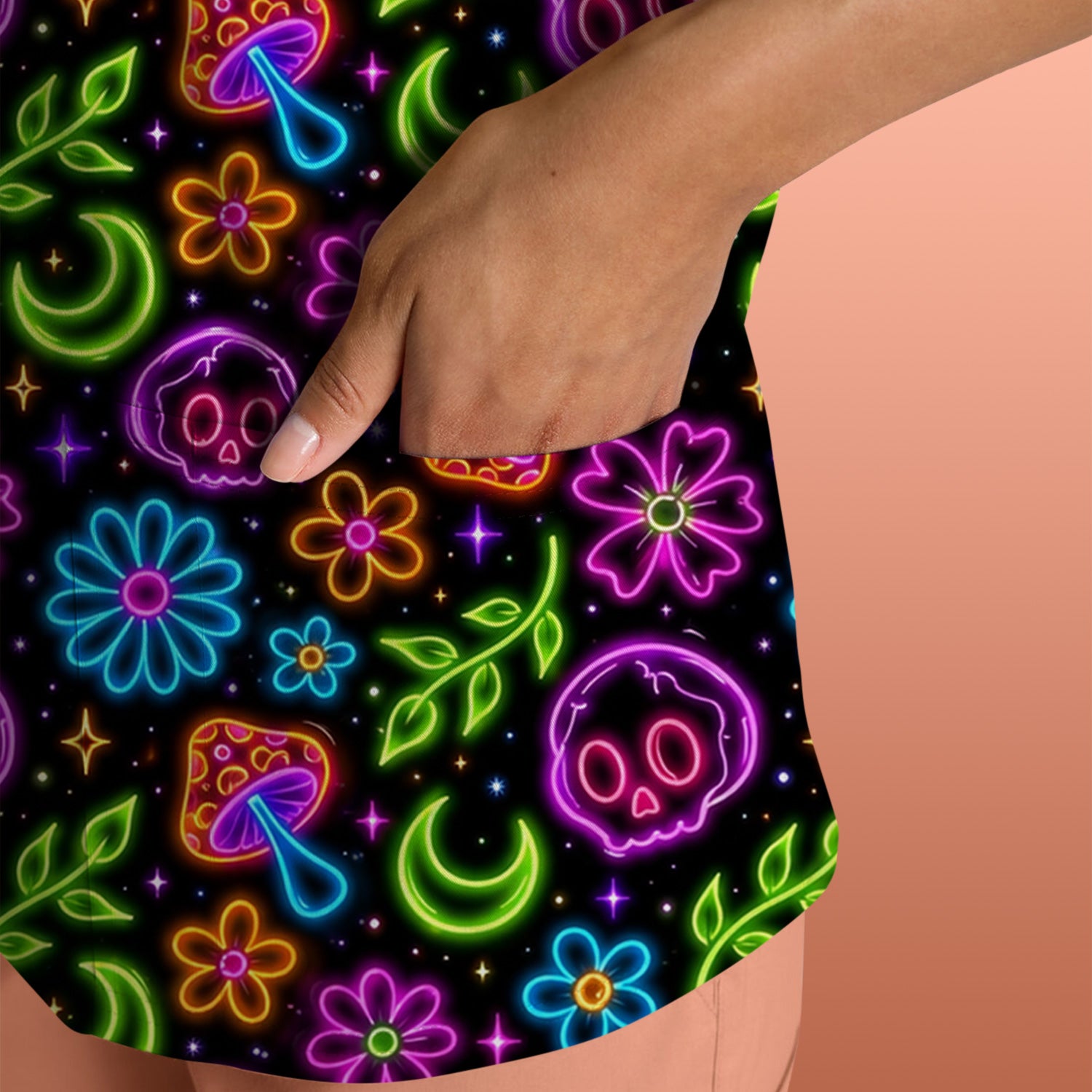 Neon Skull Mushroom Floral Scrub Top, Colorful Gothic Nurse Scrubs Uniform