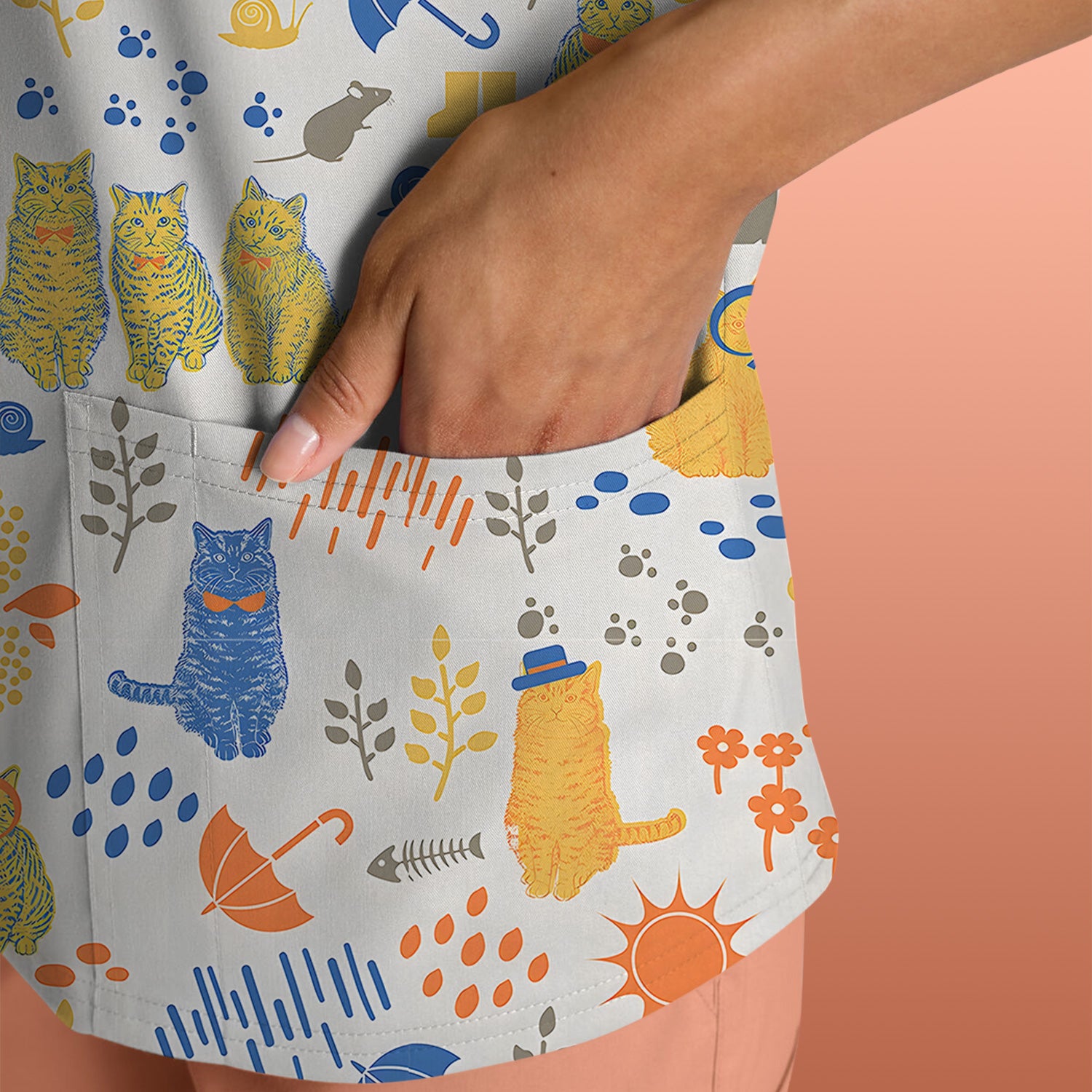 Cozy Rainy Day Cat Lover Nature Nurse Pattern Scrub Top, Comfortable Scrubs for Nurses