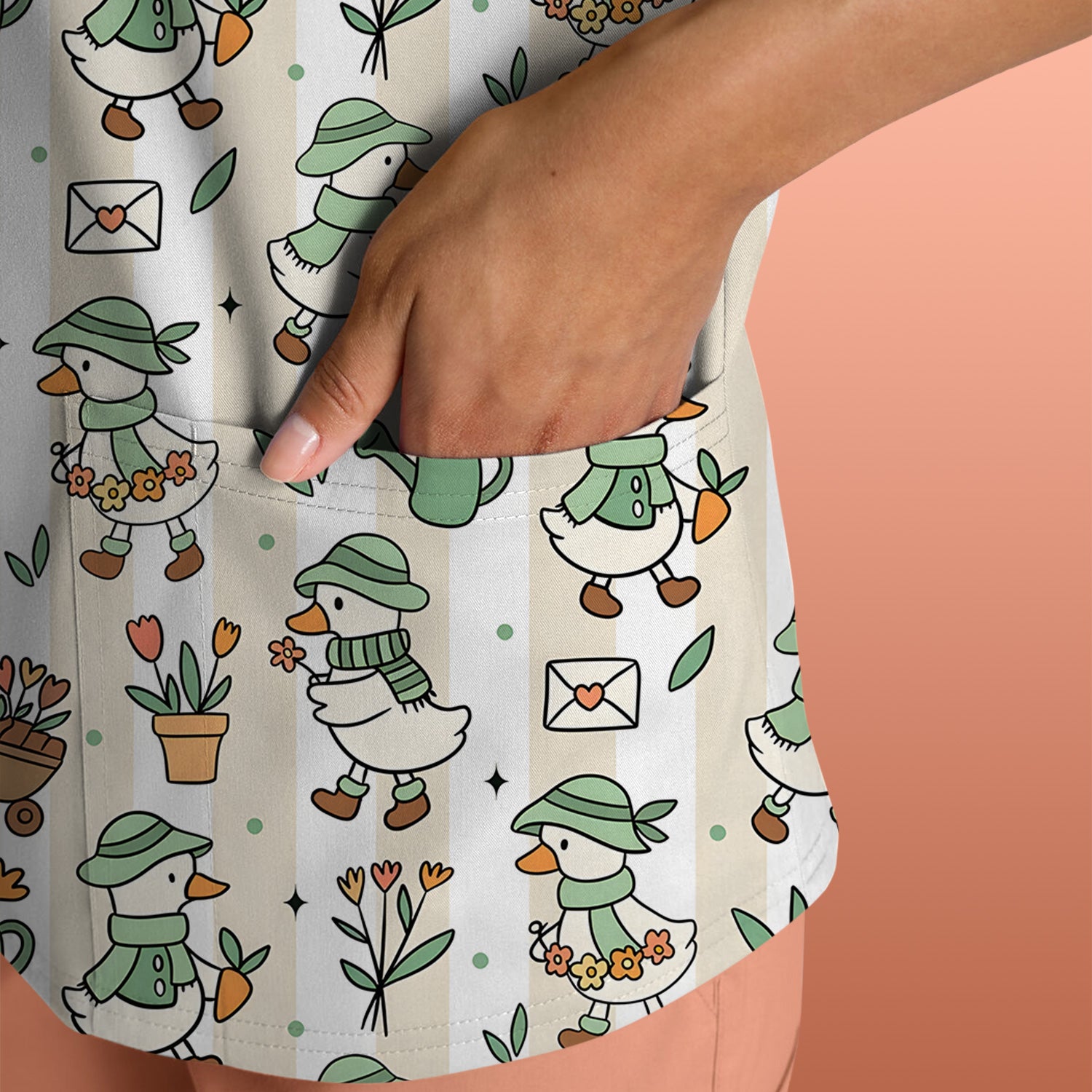 Cute Gardening Duck Floral Pattern Scrub Top, Comfortable Scrubs for Nurses