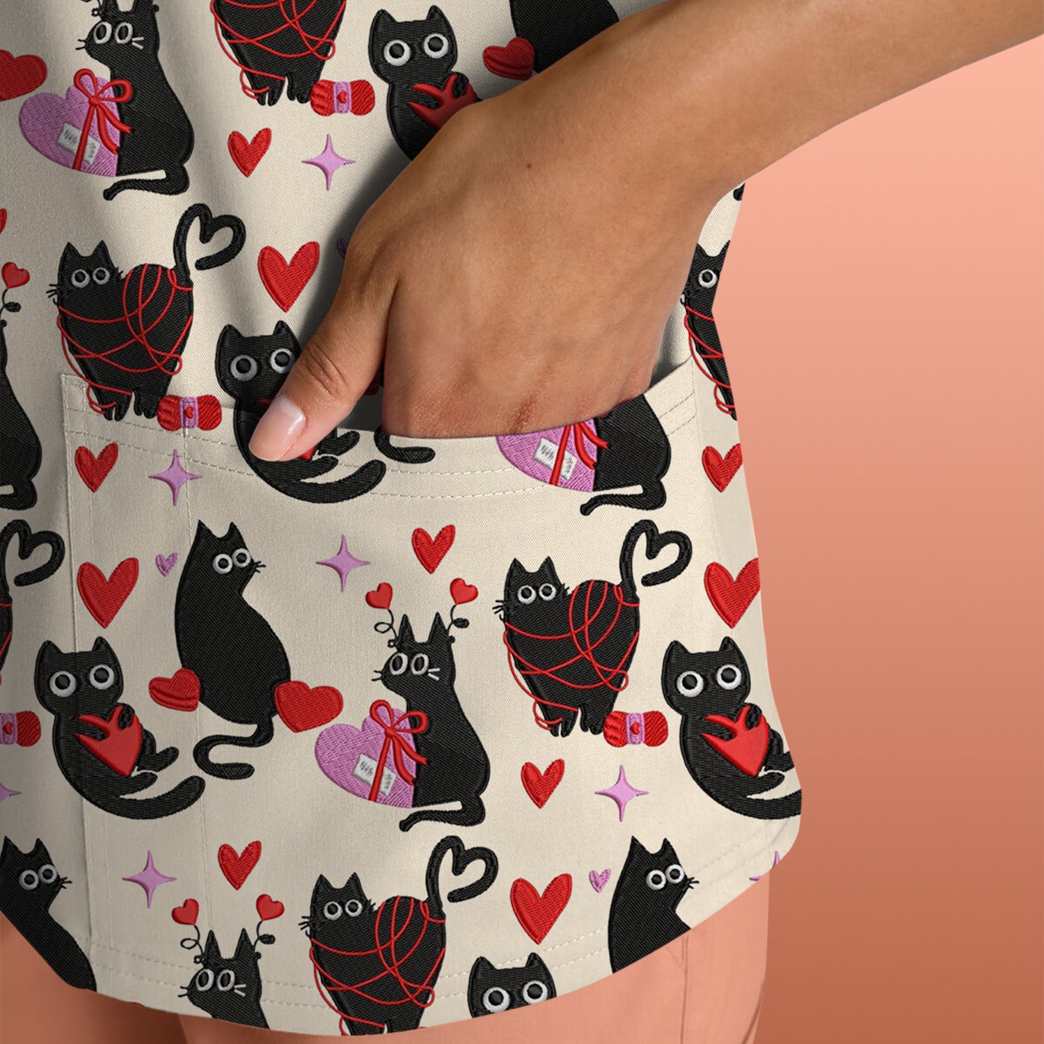 Valentine’s Day Scrub Top, Cute Black Cat With Heart Pattern Nurse Shirt, Breathable Fabrics Nursing Uniform
