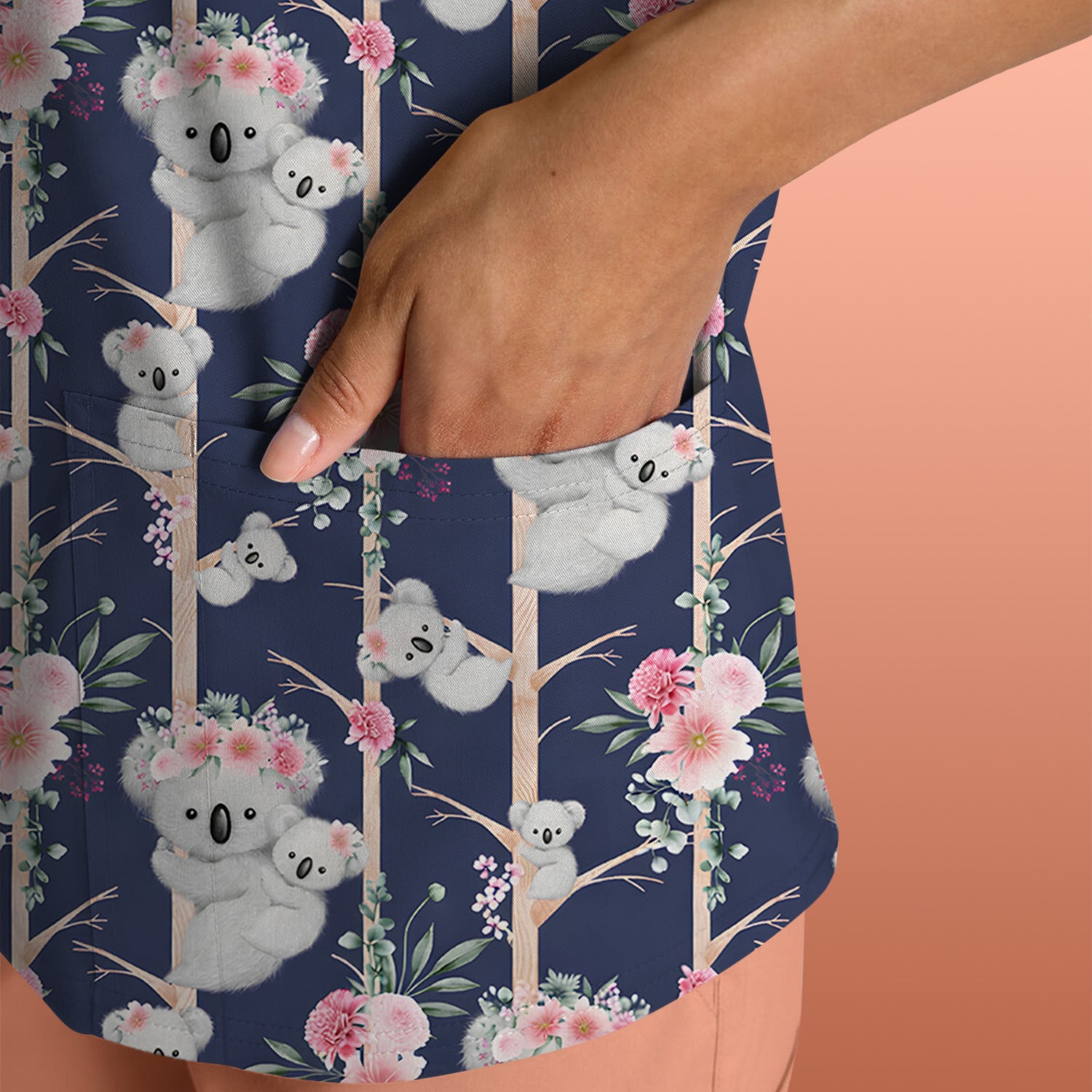 Cute Koala Climbing Tree Blossom Pattern Nurse Scrub Top, Breathable Fabrics Nursing Uniform