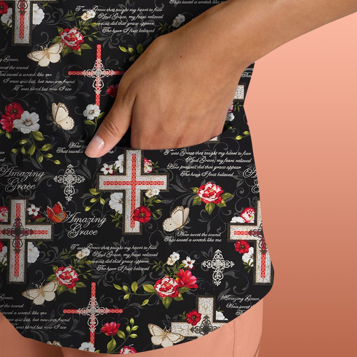 Christian Cross Roses And Butterflies Print Scrub Top, Comfortable Scrubs for Nurses