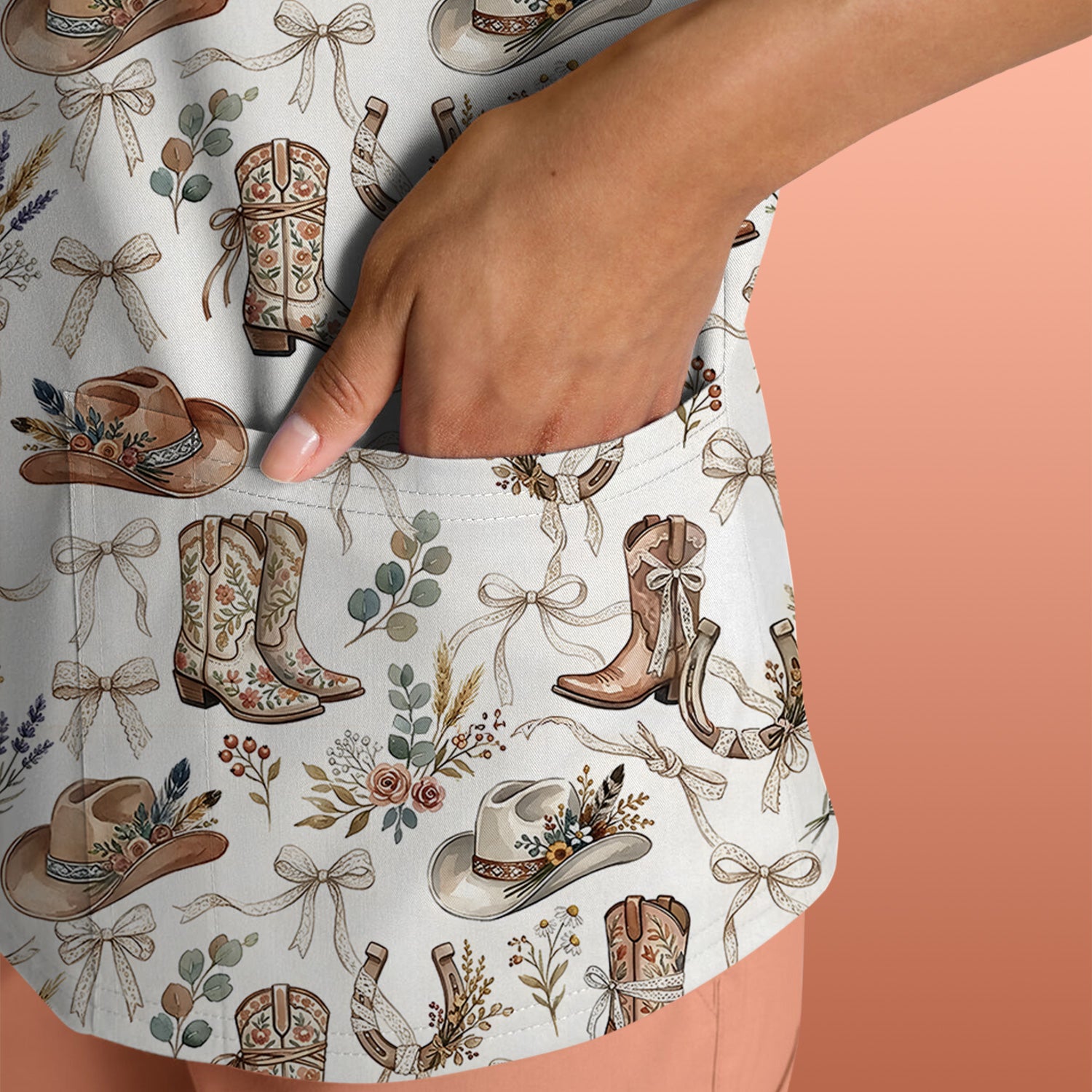 Western Cowboy Boots Hat Floral Pattern Scrub Top, Comfortable Scrubs for Nurses