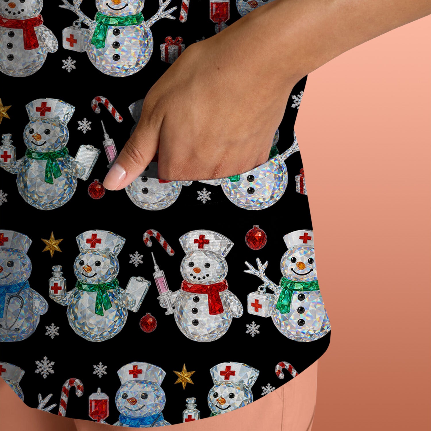 Nurse Snowman Christmas Scrub Top, Cute Holiday Medical Pattern Shirt For Women, Winter Snowflake Nursing Uniform