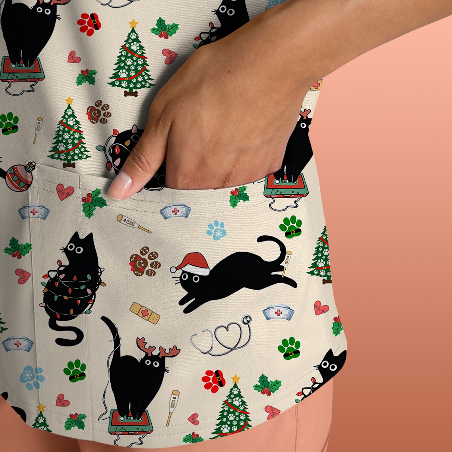 Black Cat Christmas Nurse Scrub Top, Festive Kitty Medical Uniform Shirt for Women