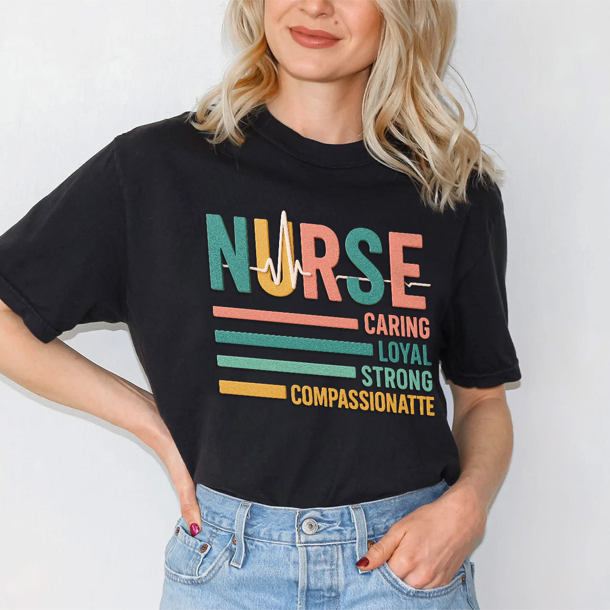Personalized Caring Loyal Strong Nurse T-Shirt – Colorful Text RN Tee – Gift for Nurse Week Retirement RN CNA LPN