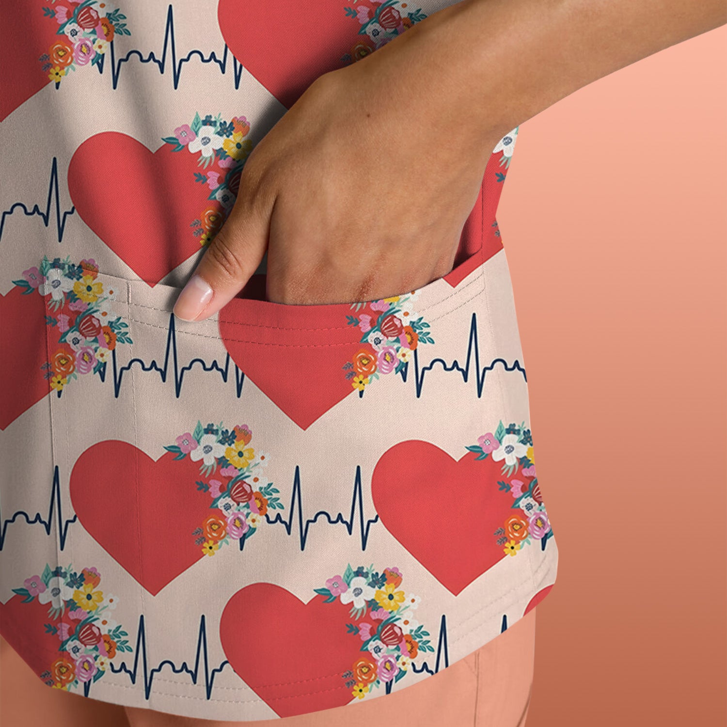 Nurse Heartbeat Floral Pattern Scrub Top, Comfortable Scrubs for Nurses