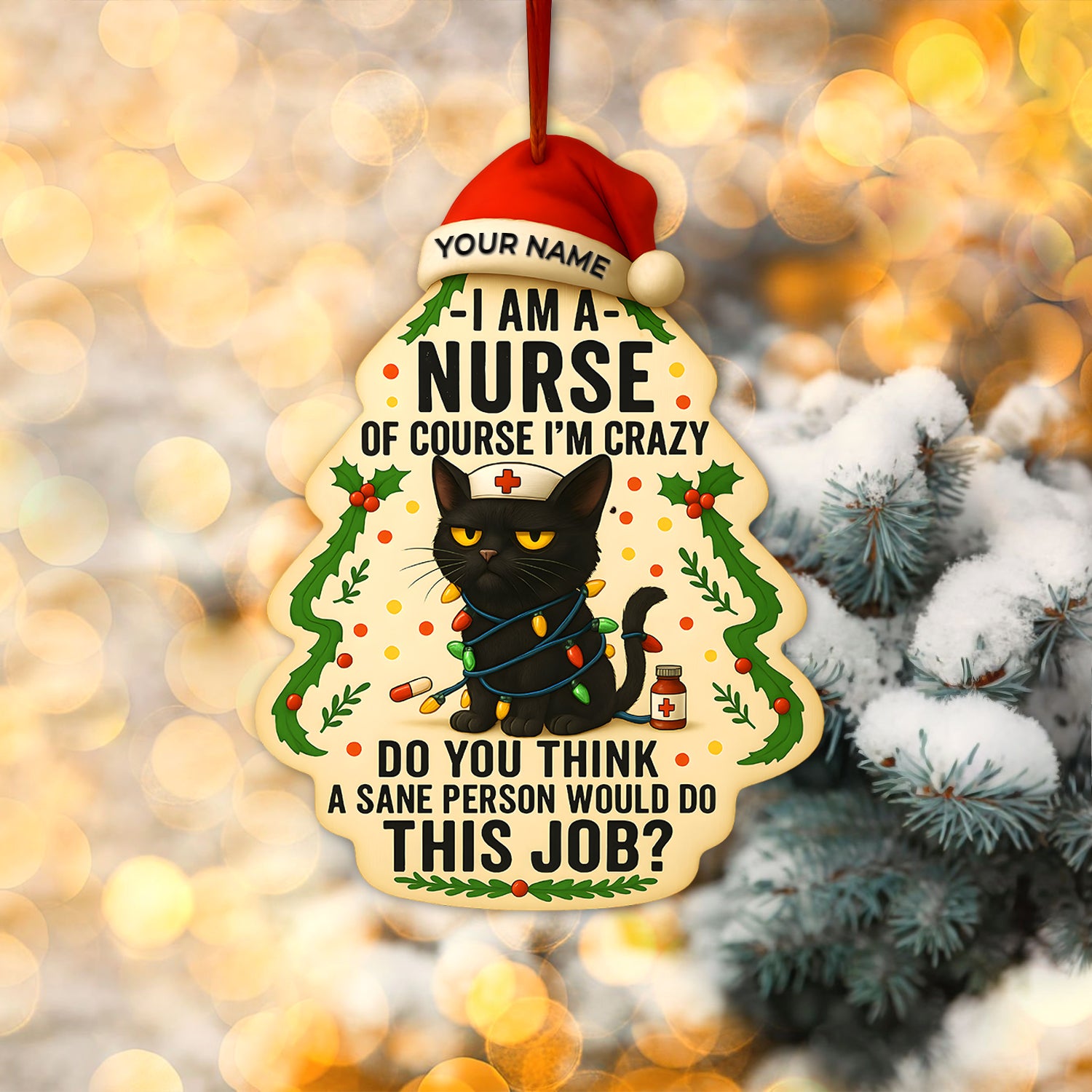 Personalized Nurse Black Cat Christmas Ornament, Holiday Decoration, Custom Name Nurse Gift for CNA RN LPN