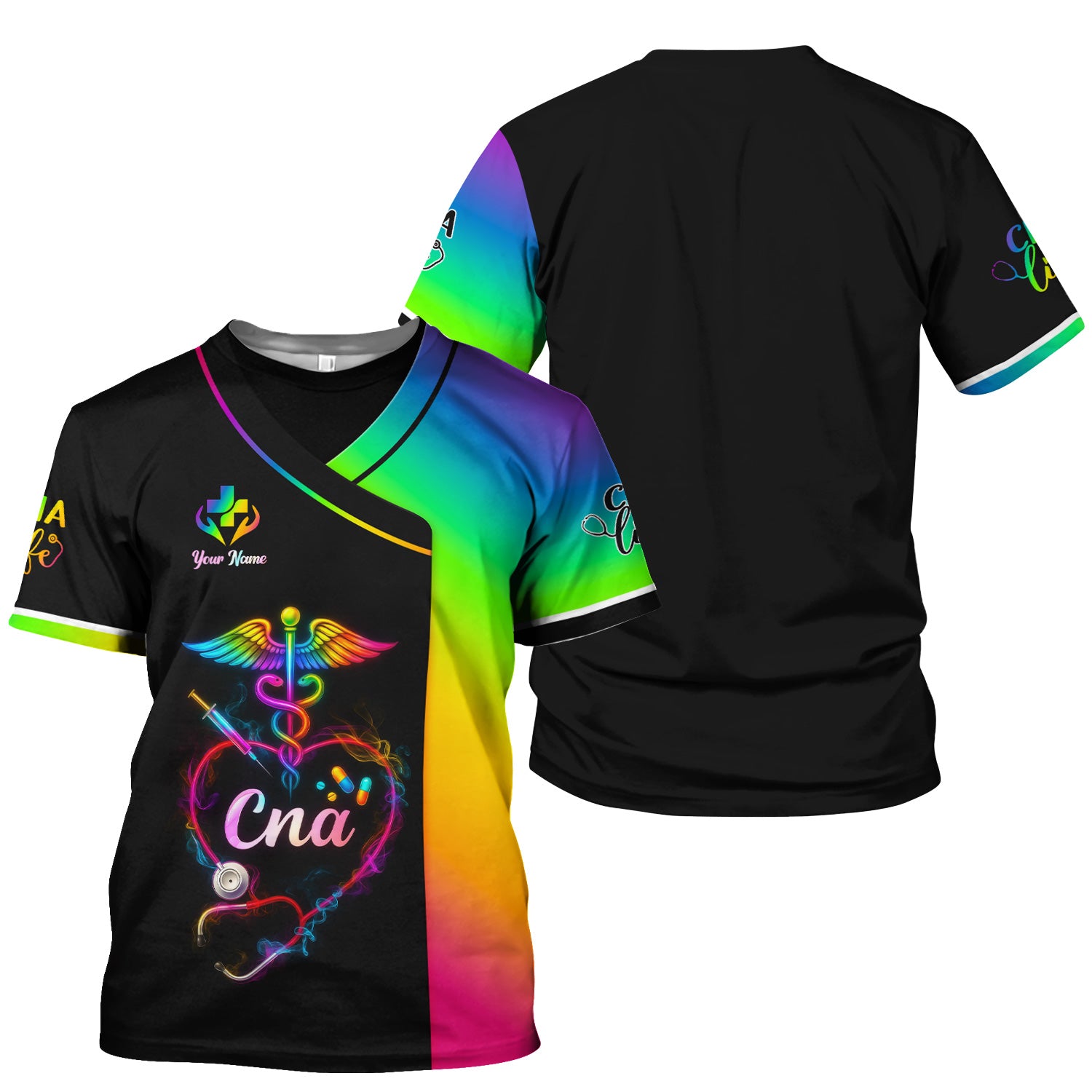Personalized CNA Scrubs Shirt - Rainbow Medical Nurse Top for Healthcare Workers - Gift for RN LPN Healthcare Workers
