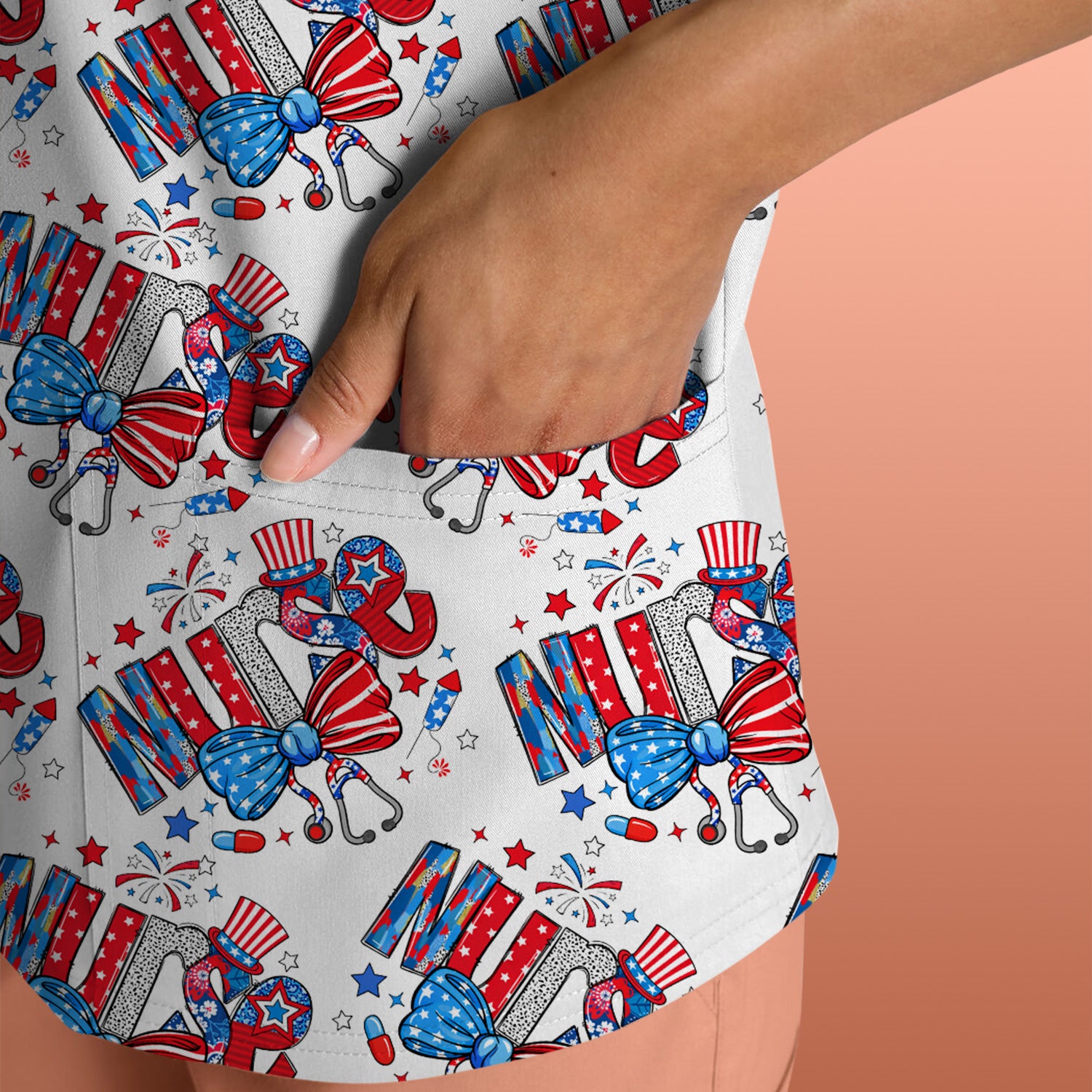 USA Nurse Stethoscope Patriotic Bow Hat Pattern Scrubs Top, Comfortable Scrubs for Nurses