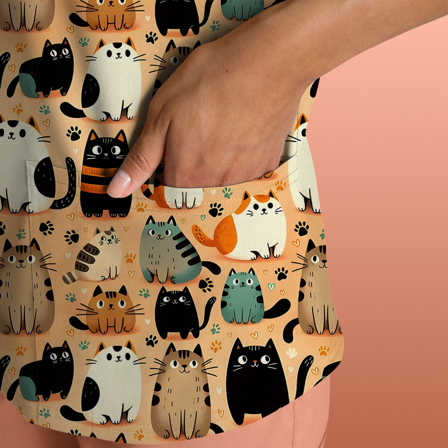 Cat Parade Doodle Pattern Scrub Top, Comfortable Scrubs for Nurses