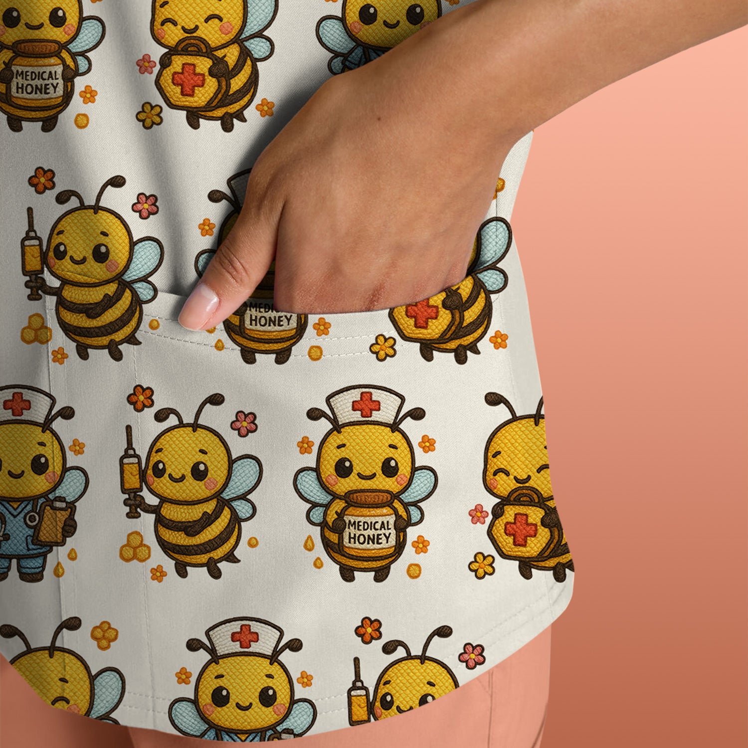 Cute Nurse Bee Scrub Top, Kawaii Medical Honey Bee Pattern Shirt for Nursing Professionals