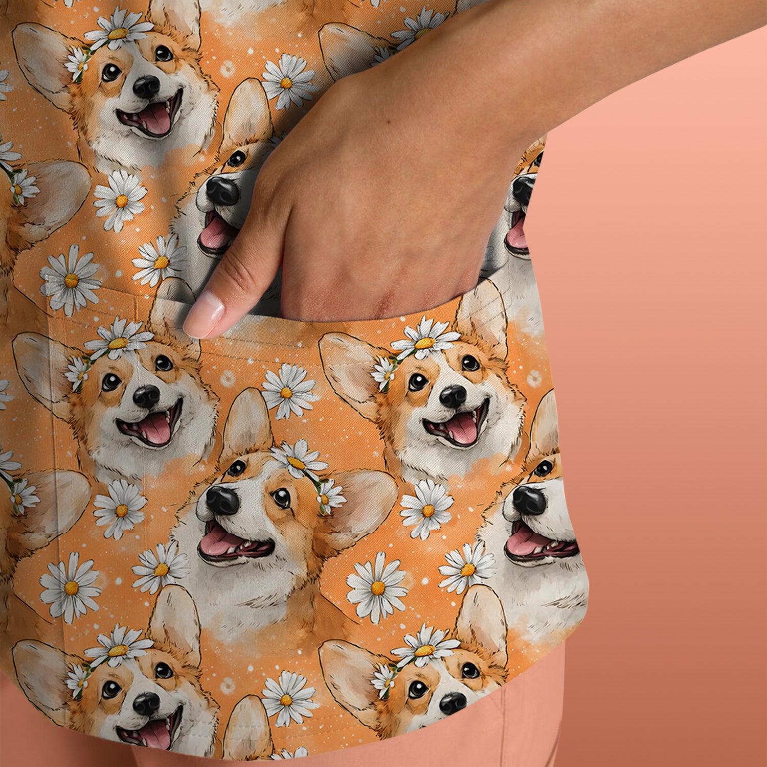 Happy Corgi Daisy Floral Pattern Orange Scrub Top, Breathable Fabrics Nursing Uniform