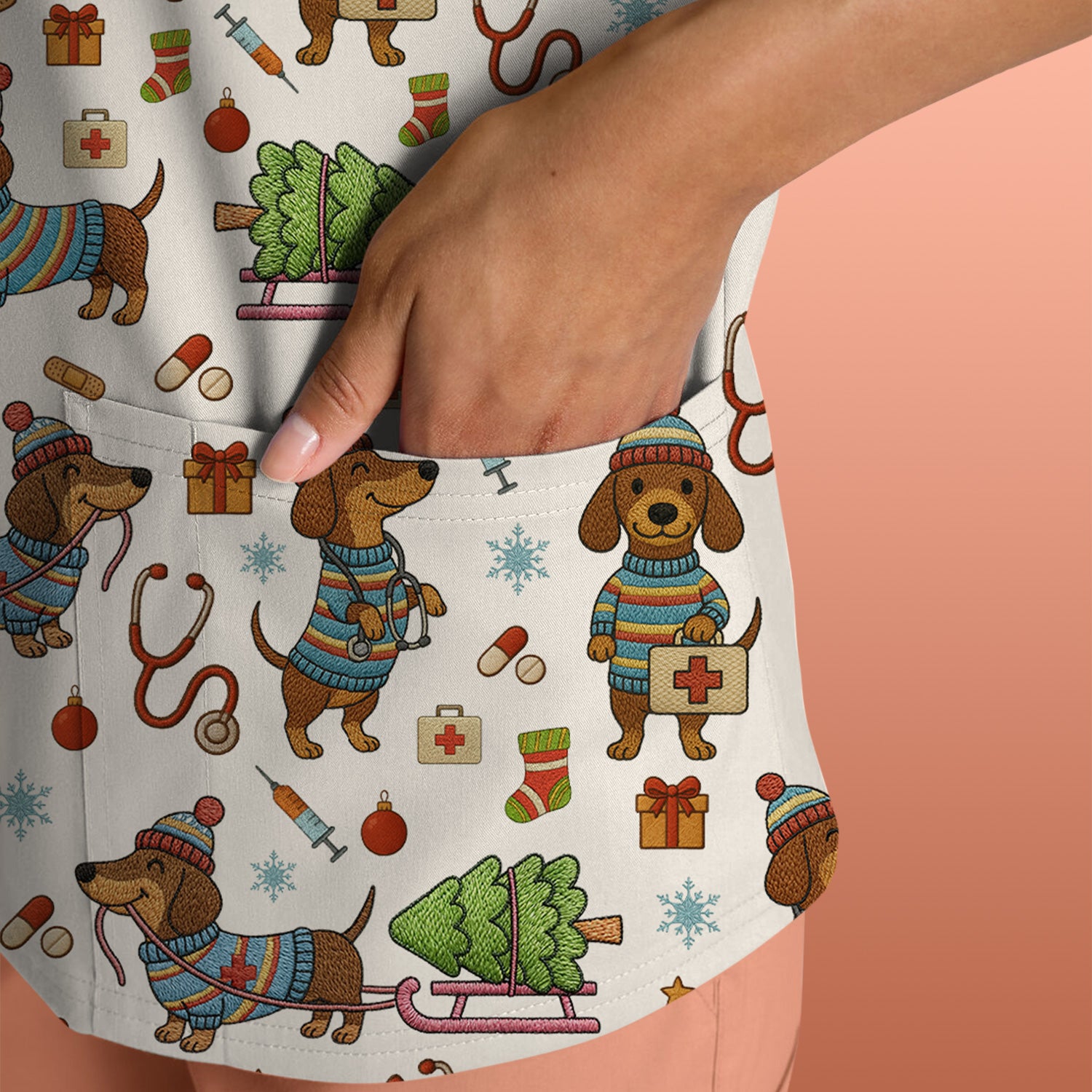 Dachshund Dog Scrub For Nurse, Funny Wiener Dog Lover Gift, Cute Dog 3D Knit Pattern Shirt