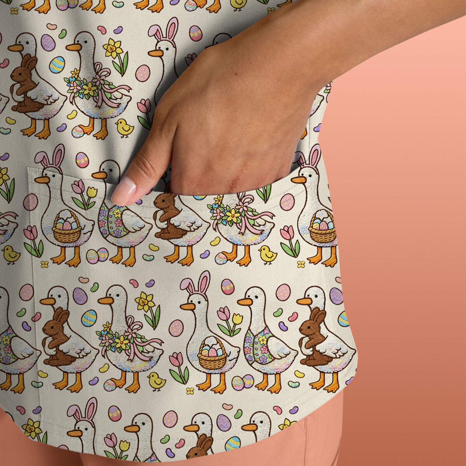 Easter Theme Duck and Bunny Egg Floral Print Scrub Top, Comfortable Scrubs for Nurses