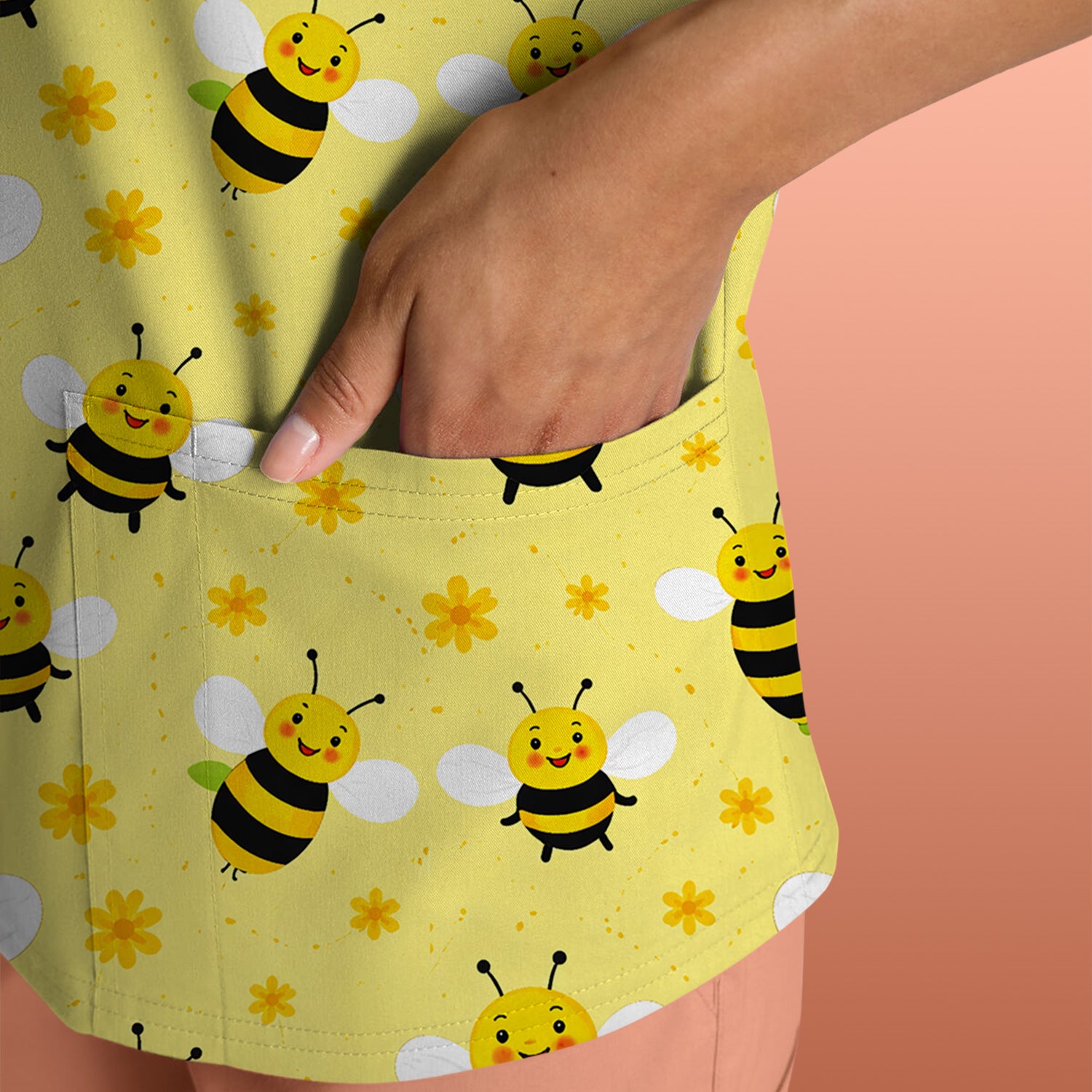 Cute Smiling Bee Yellow Floral Print Scrubs, Comfortable Scrubs for Nurses