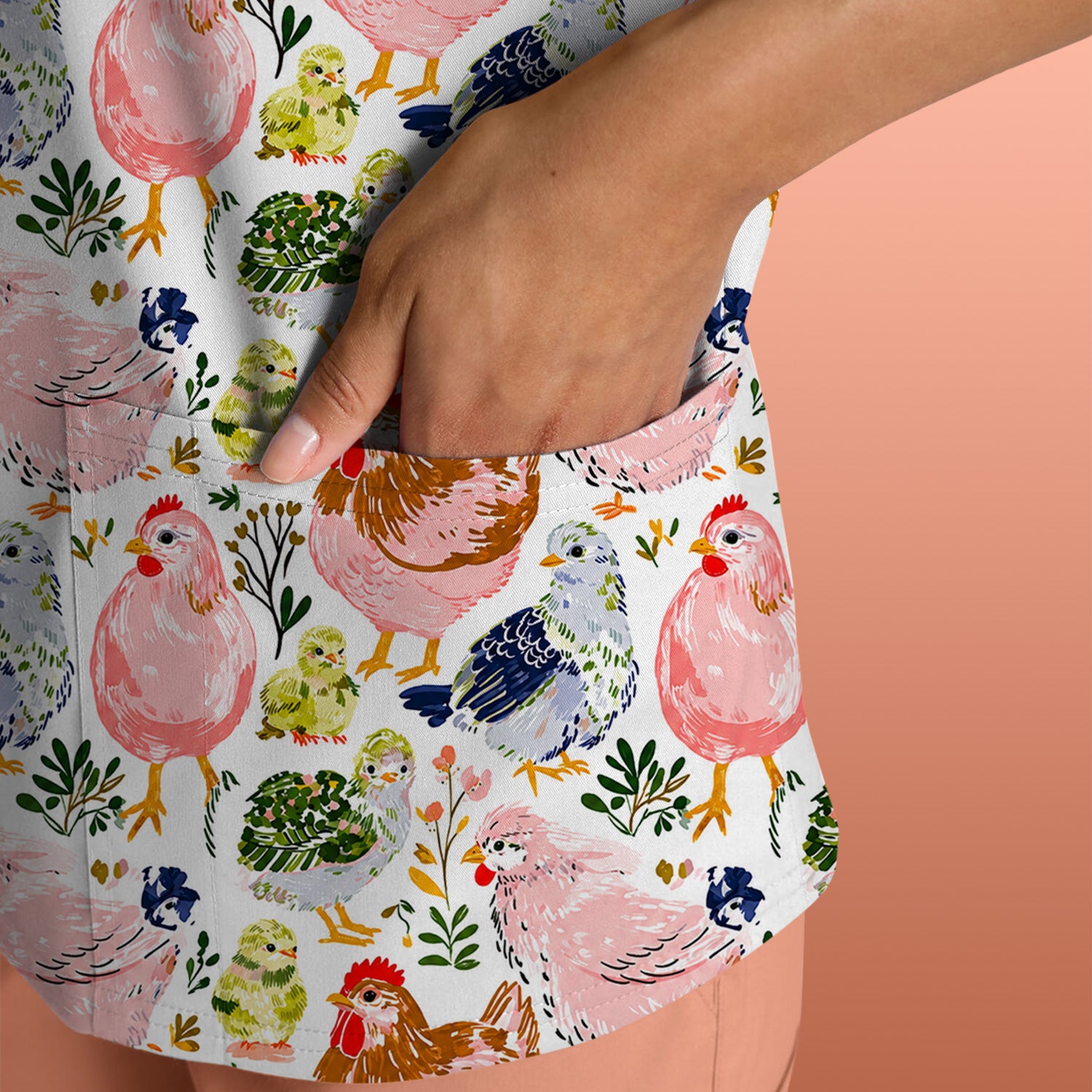 Cute Farm Chicken Hen Chick Pattern Scrub Top, Comfortable Scrubs for Nurses