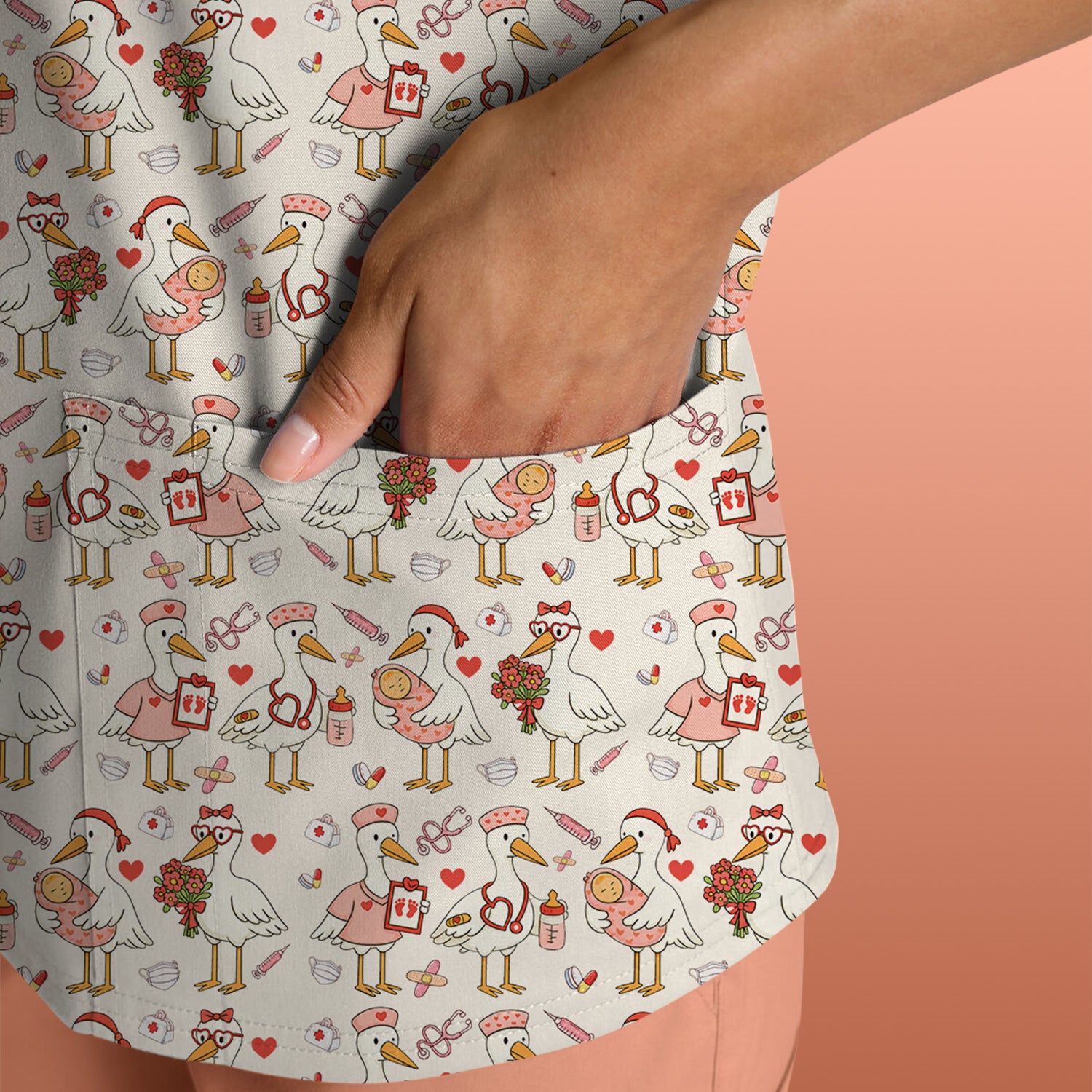 Cute Goose Nurse Valentine Pattern Scrub Top, Breathable Fabrics Nursing Uniform