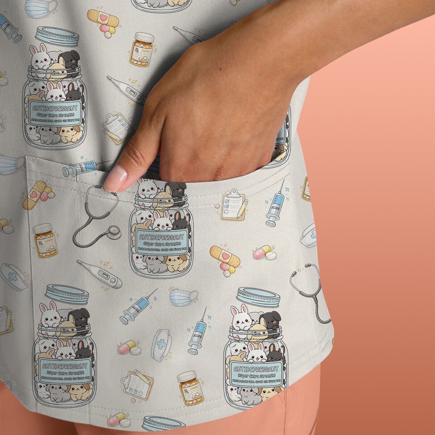 Whimsical Antidepressant Rabbit Jar Design Nurse Scrub Top, Soft & Breathable Workwear
