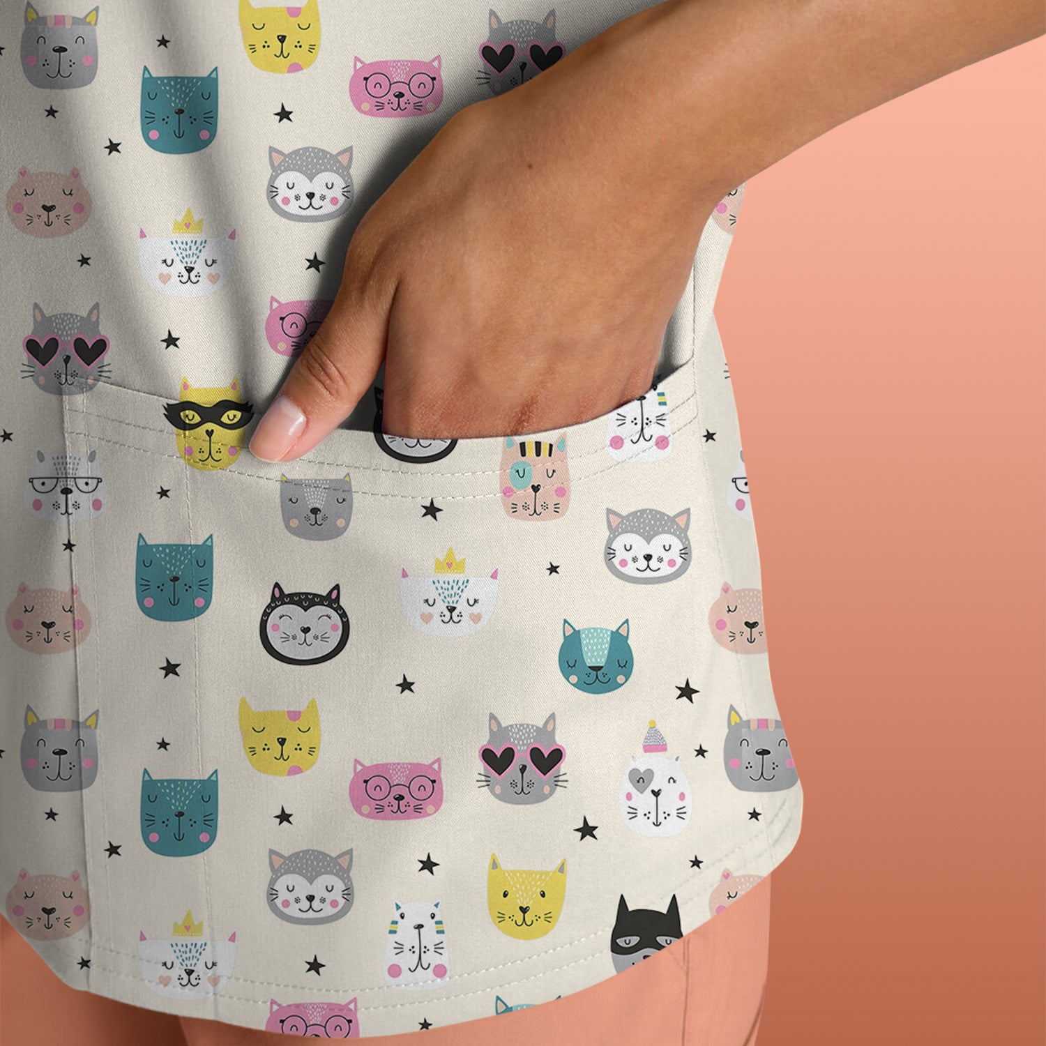 Cute Colorful Cat Pattern Scrub Top, Comfortable Scrubs for Nurses