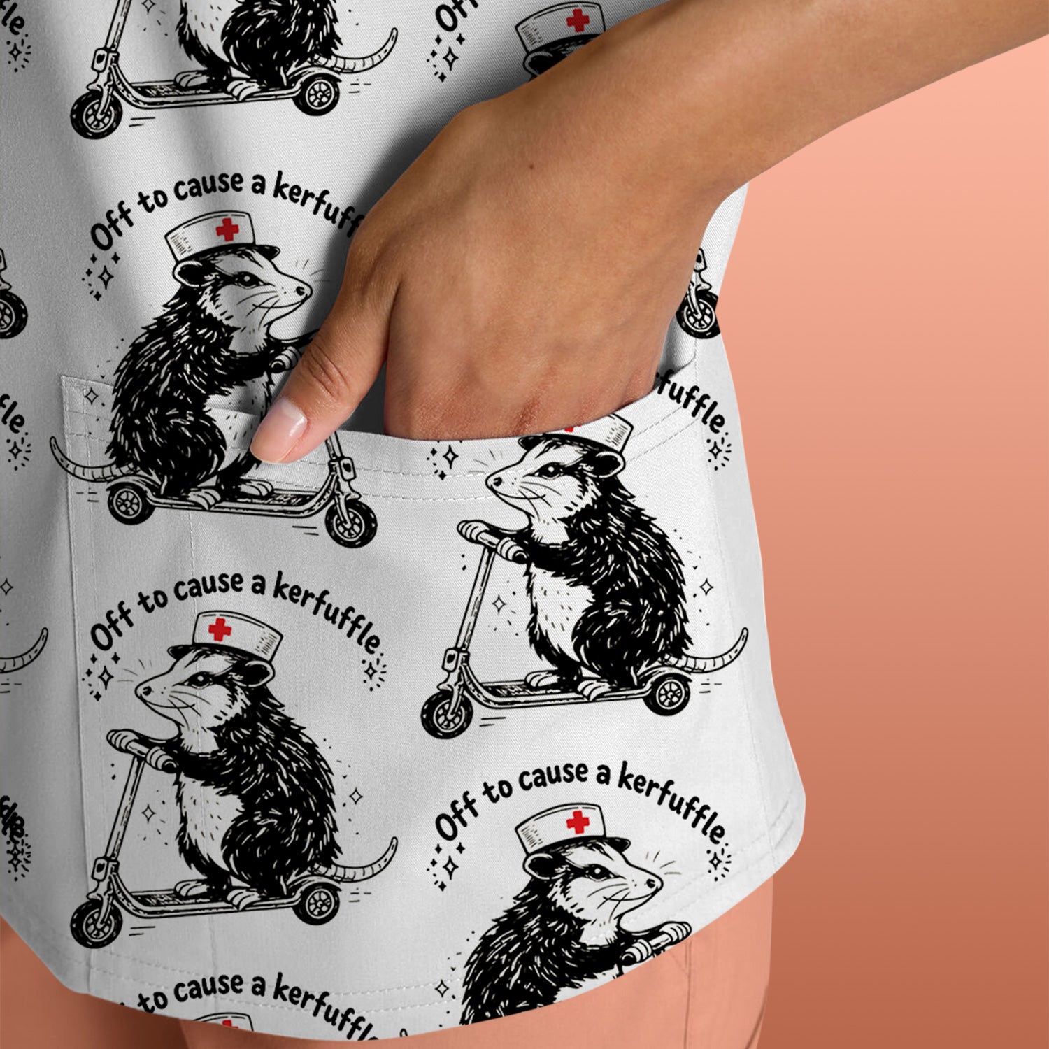 Funny Opossum Nurse Riding Scooter Pattern Scrubs Top, Breathable Fabrics Nursing Uniform