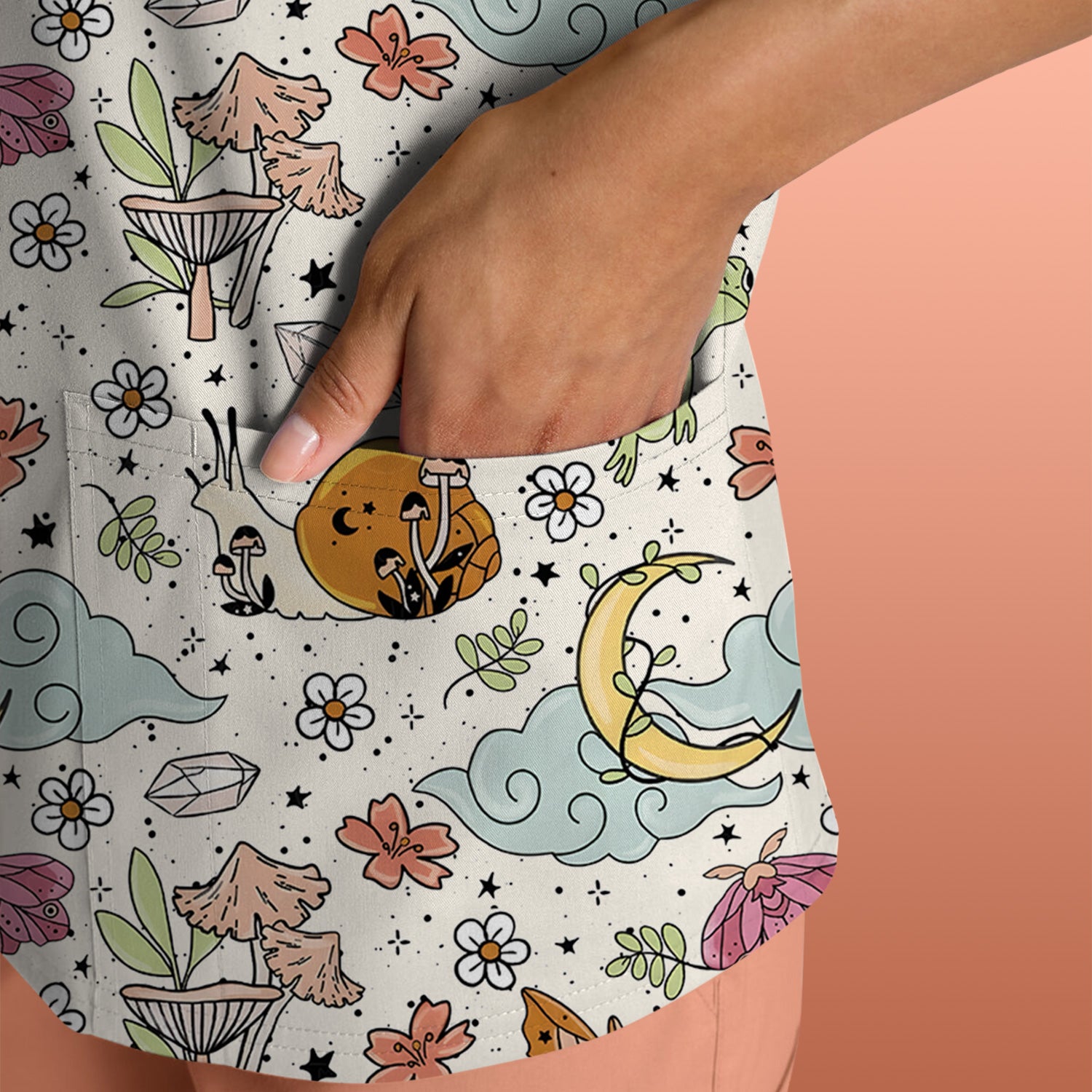 Whimsical Frog Moon Mushroom Pattern Scrub Top, Fantasy Nature Print, Breathable Fabrics Nursing Uniform