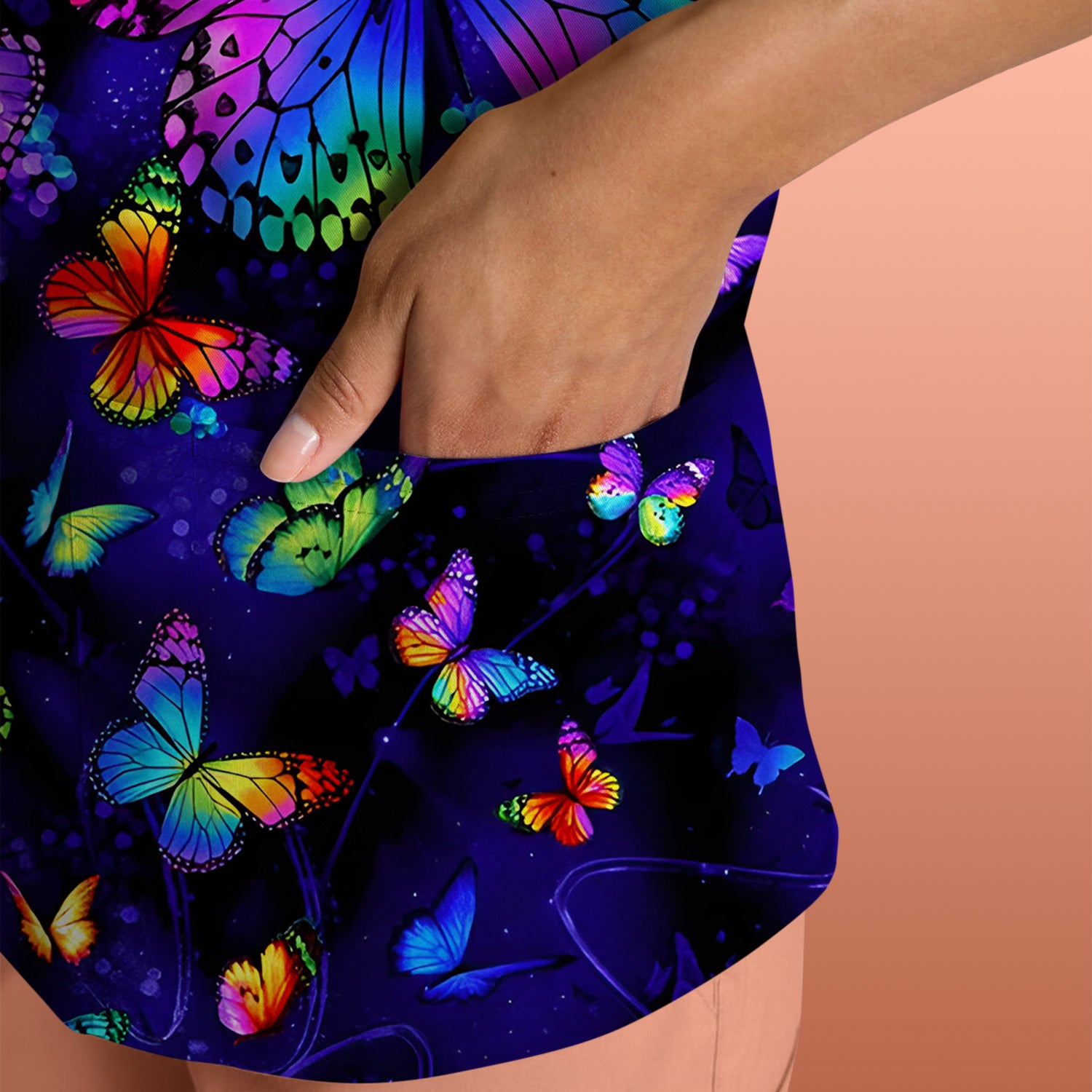 Vibrant Rainbow Butterfly Galaxy Pattern Scrub Top, Comfortable Scrubs for Nurses