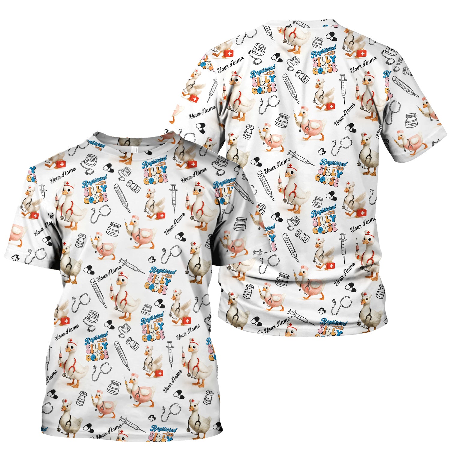 Funny Silly Goose Nurse Scrub Top Personalized Name - Cute Custom Uniform for RN LPN CNA - White V Neck Shirt for Women in Healthcare