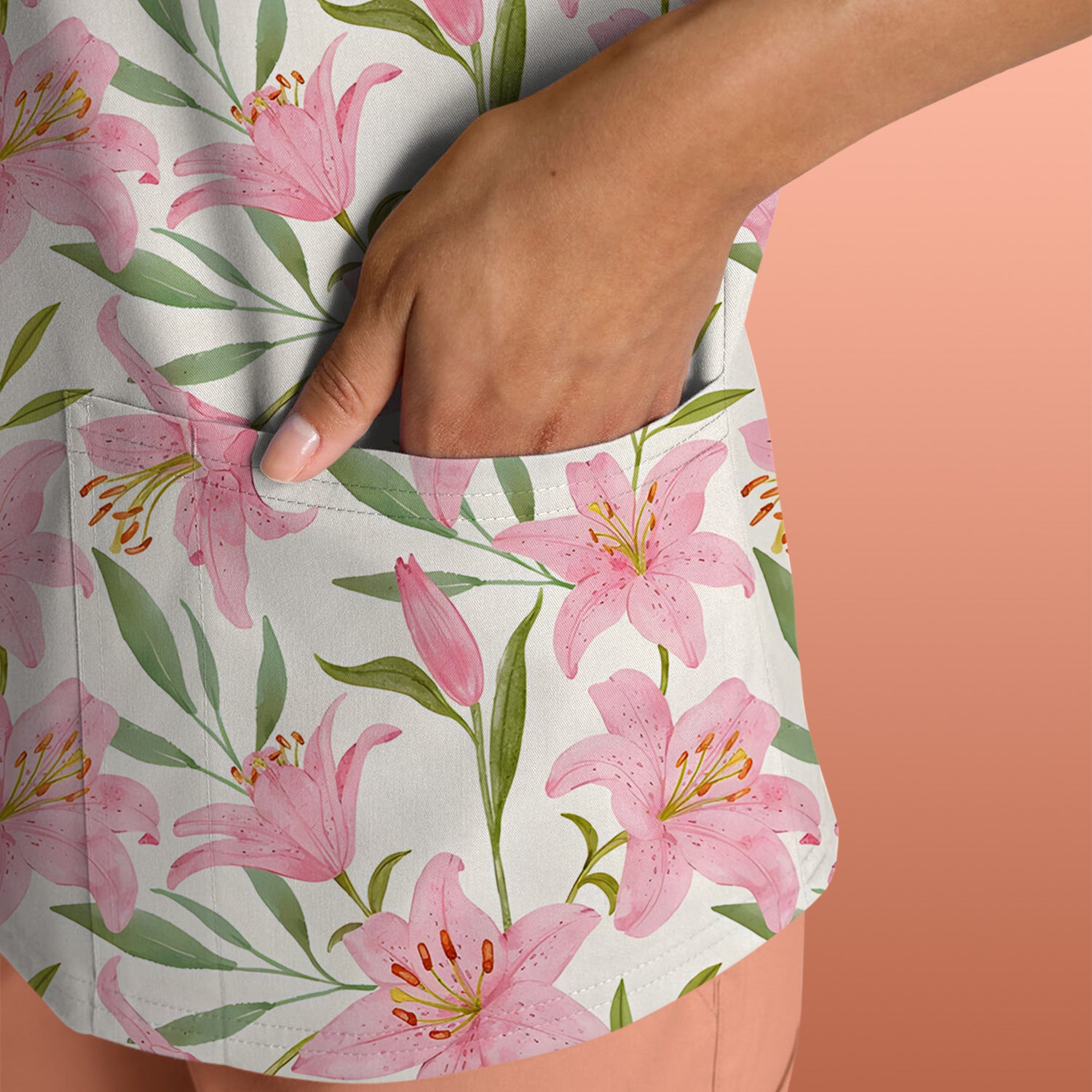 Cute Pink Lily Floral Nurse Pattern Scrub Top, Comfortable Scrubs for Nurses