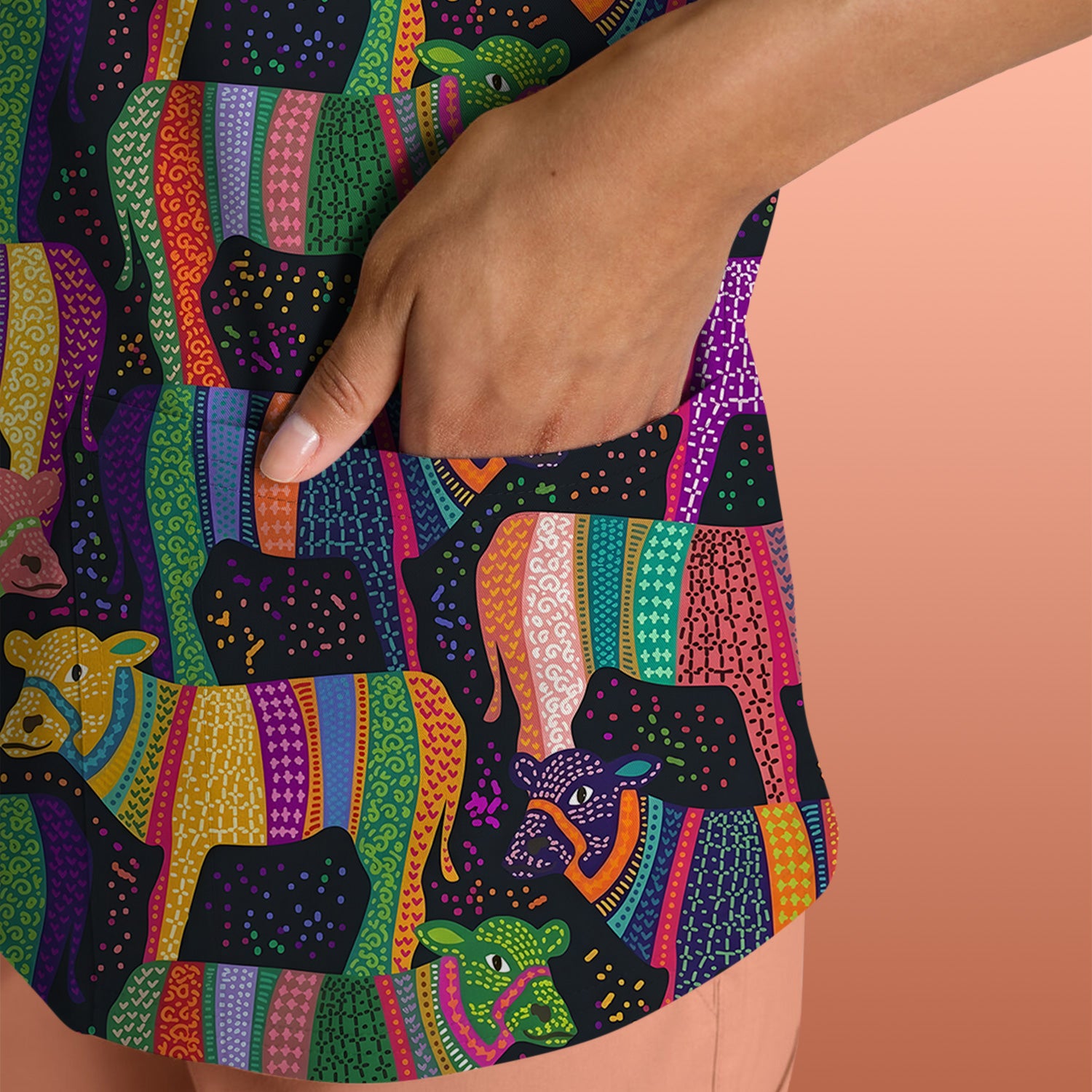 Vibrant Patchwork Rainbow Cow Pattern Scrub Top, Comfortable Scrubs for Nurses