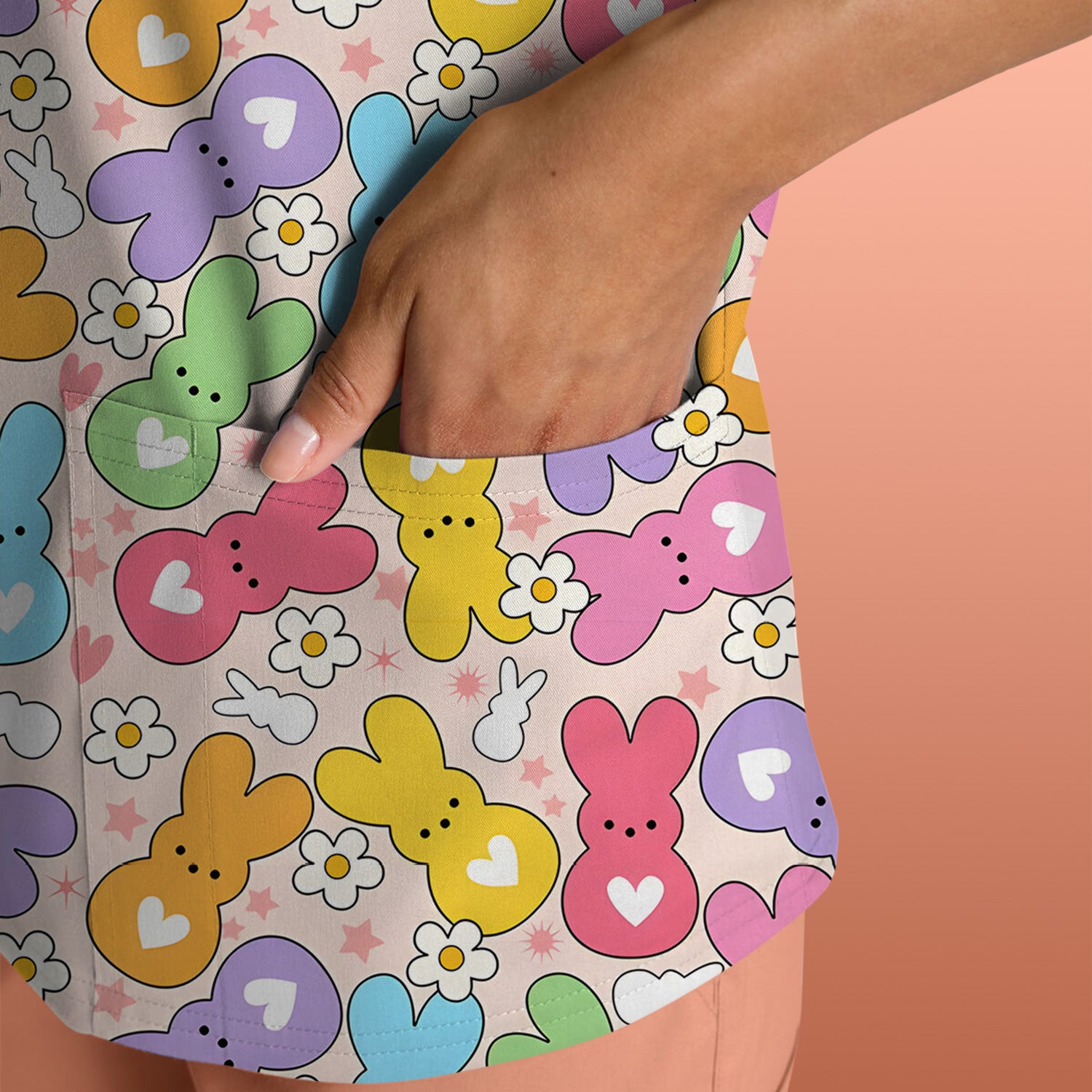 Sweet Pastel Bunny Daisy Pattern Scrub Top, Comfortable Scrubs for Nurses, Easter
