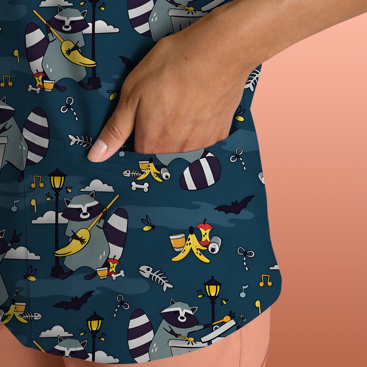 Raccoon Night Trash And Banana Peel Scrub Top, Breathable Fabrics Nursing Uniform