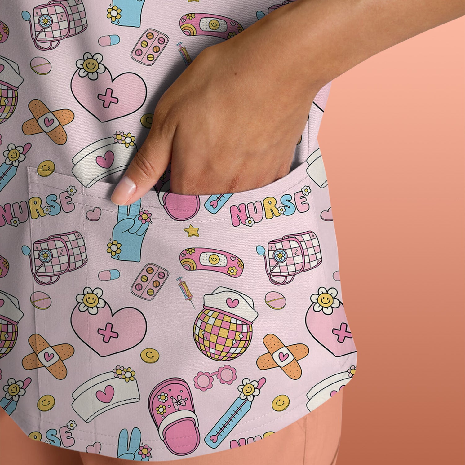 Cute Nurse Pink Medical Tools Pattern Scrub Top, Breathable Healthcare Uniform Top
