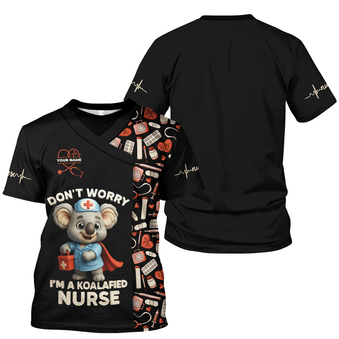 Custom Cute Animal Nurse Shirt - Superhero Koala & Medical Tools Graphic Tee - Gift for RN LPN CNA