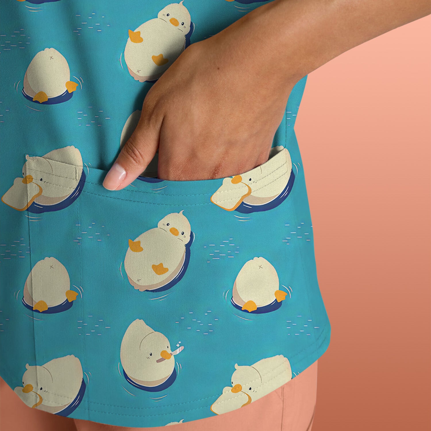 Cute Blue Duck Pond Pattern Scrub Top, Comfortable Scrubs For Nurses
