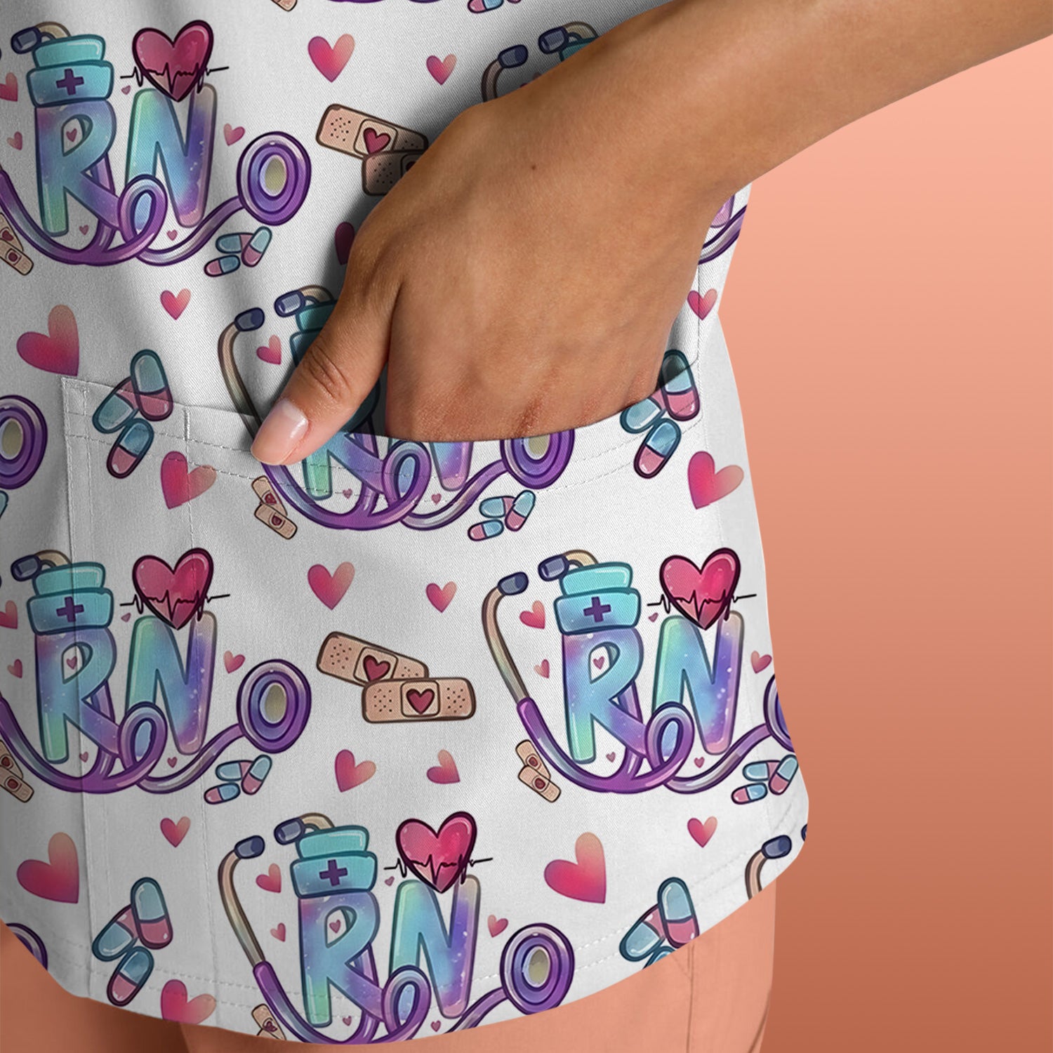 Nurse Life RN Heart Pattern Scrub Top, Breathable Fabrics Nursing Uniform