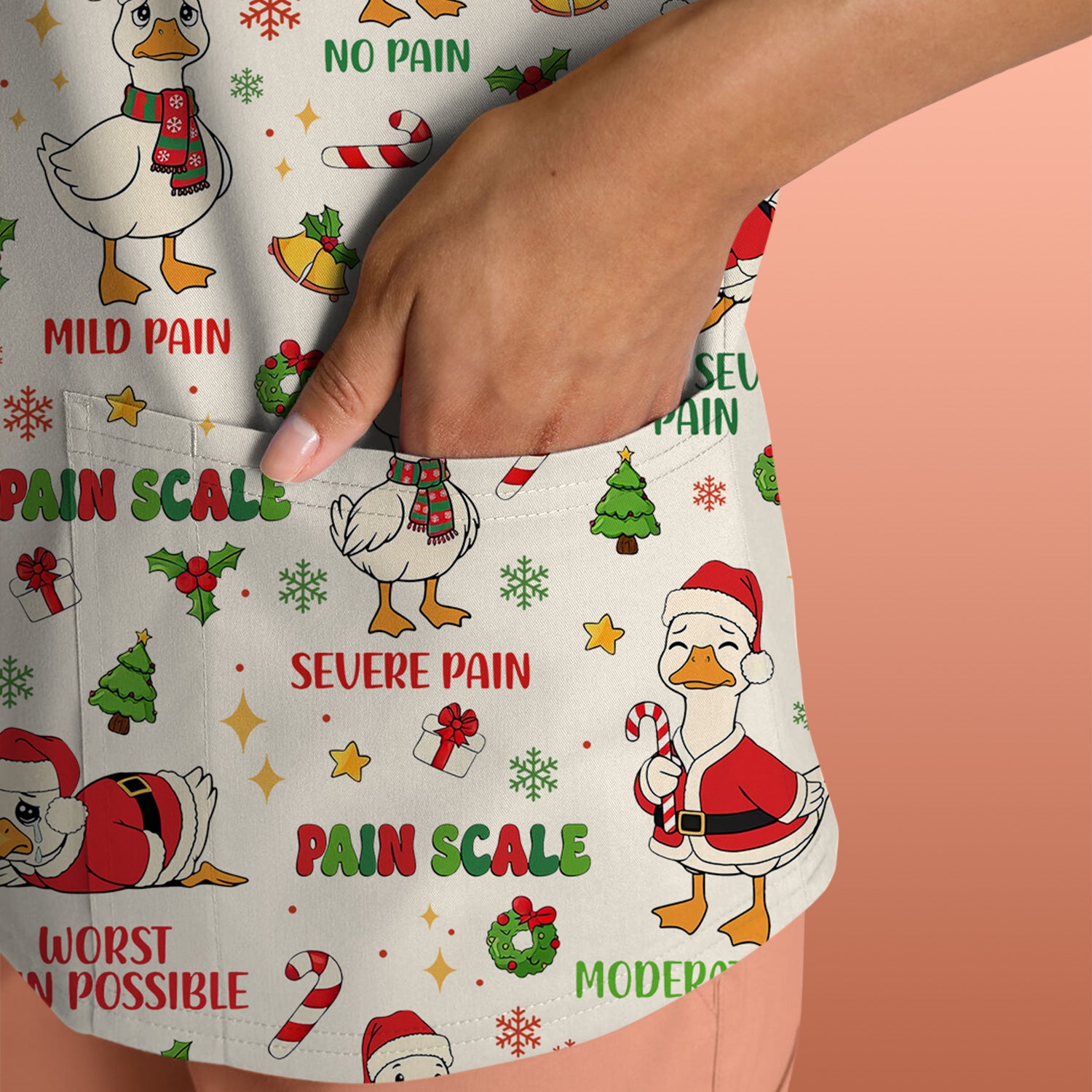 Funny Goose Christmas Scrub Top - Pain Scale Nurse Pattern Shirt - Cute Holiday Medical Scrubs for Women