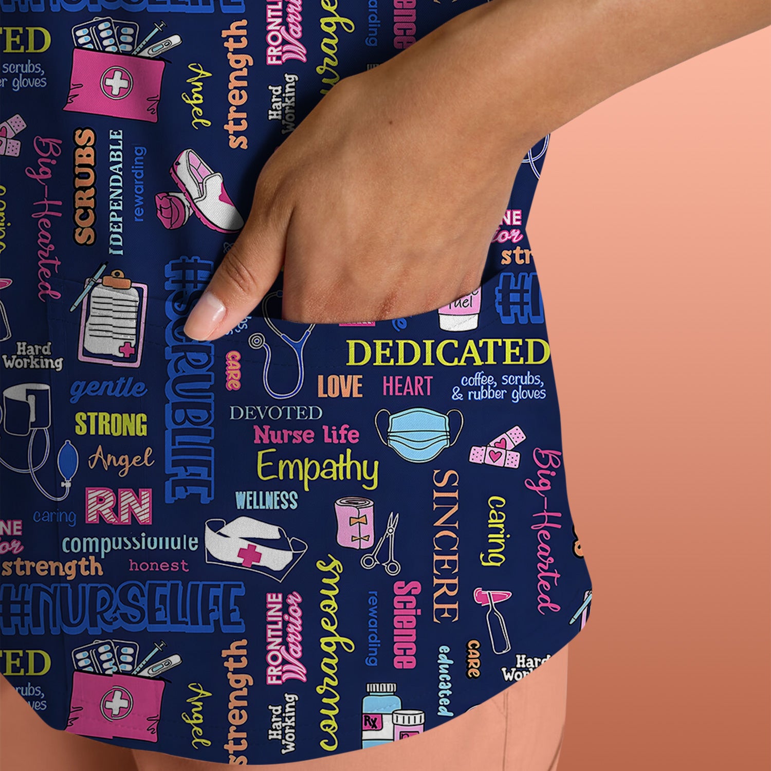 Colorful Nurse Life Typography Print Scrub Top, Breathable Fabrics Nursing Uniform